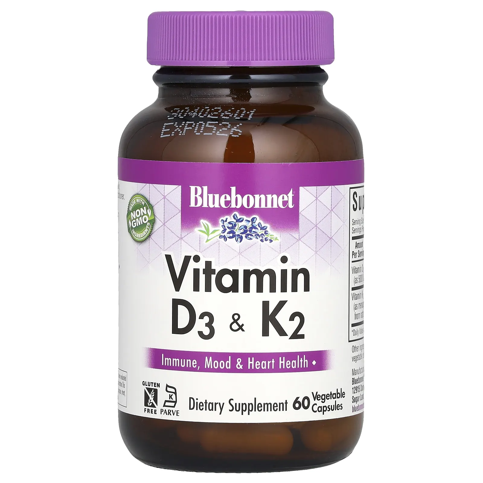 Bluebonnet Nutrition, витамины D3 и K2, 60 вегетарианских капсул