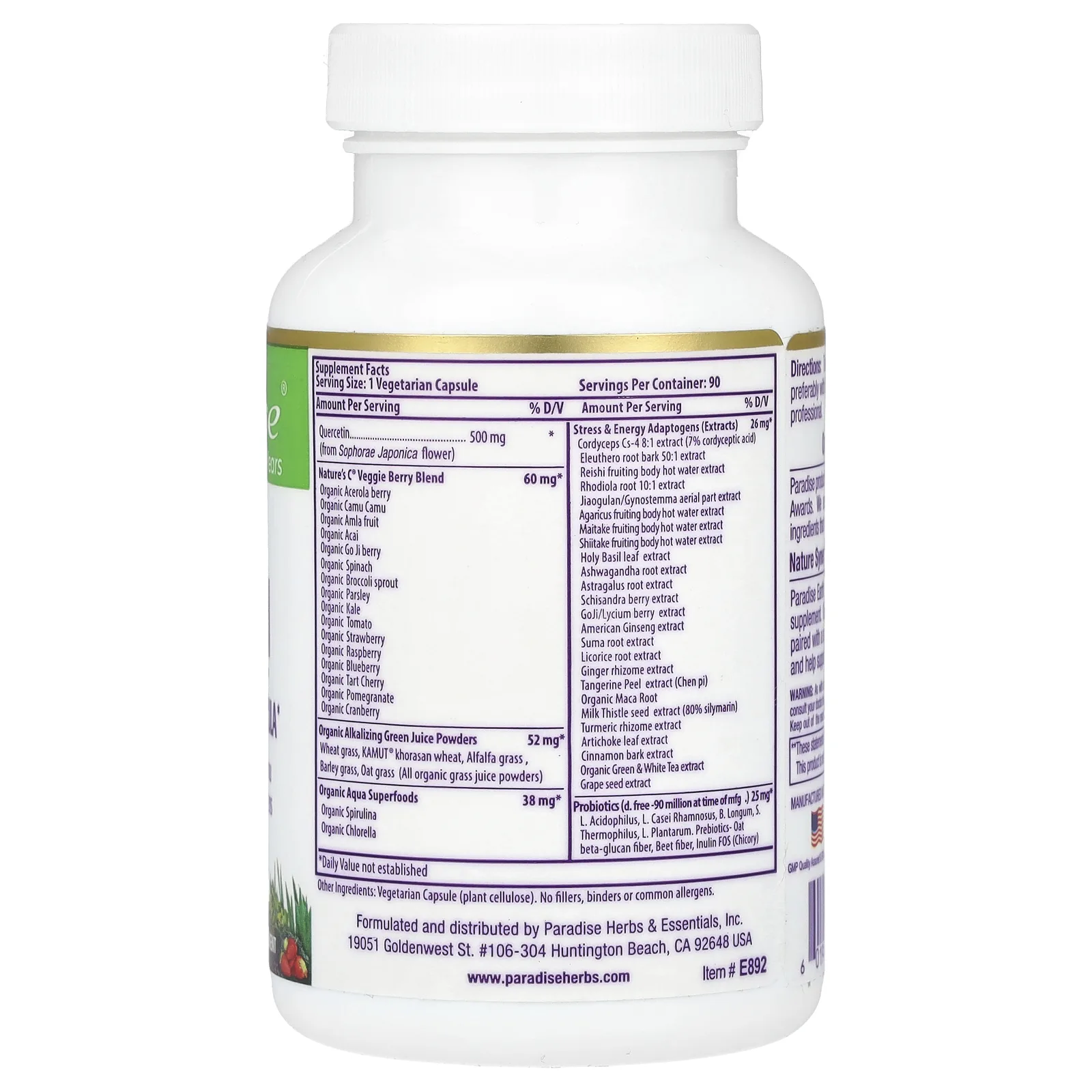 Paradise Herbs, Earth's Blend, кверцетин, формула с суперфудами для иммунитета, 90 вегетарианских капсул