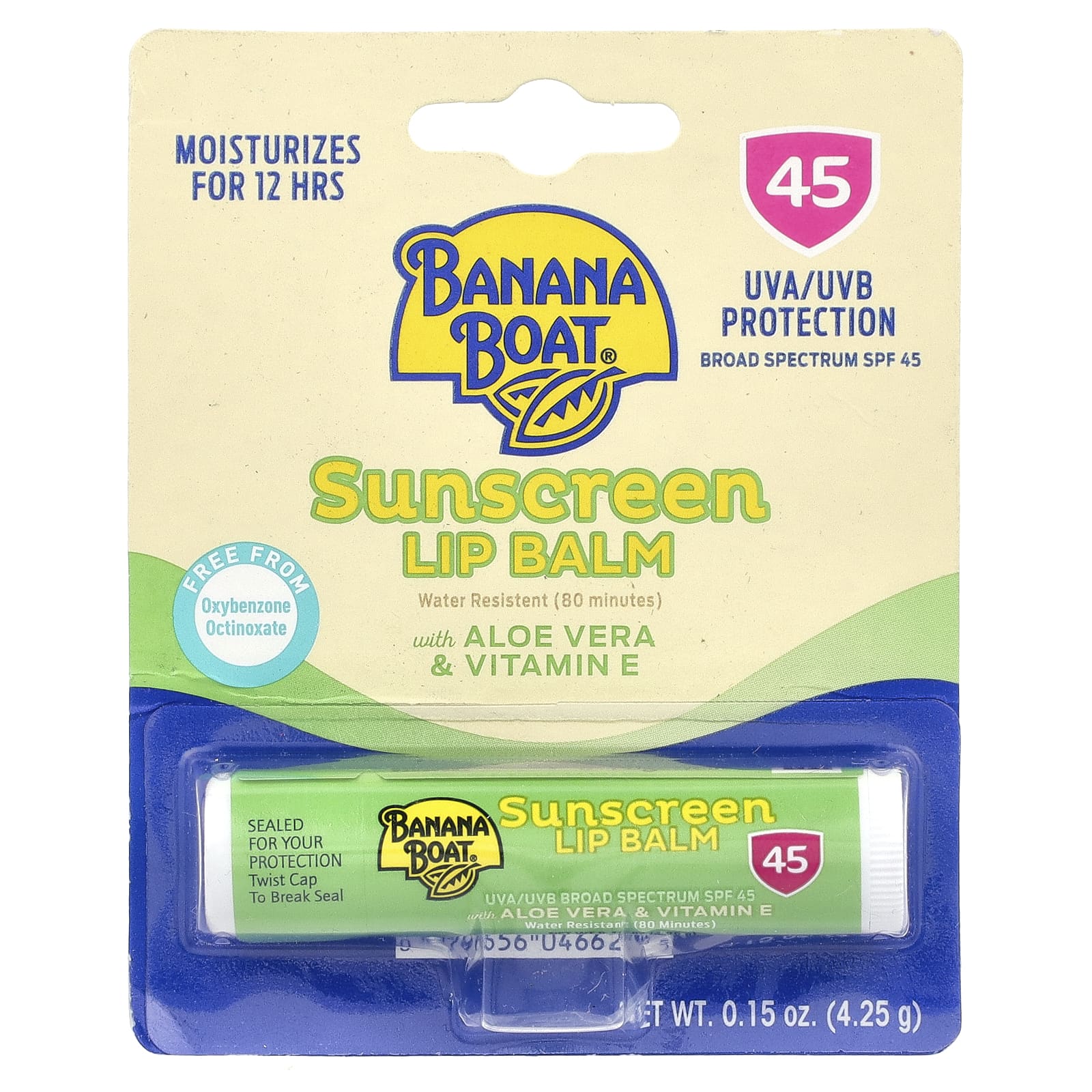 Banana Boat, Солнцезащитный бальзам для губ с алоэ вера и витамином E, SPF 45, 4,25 г (0,15 унции)