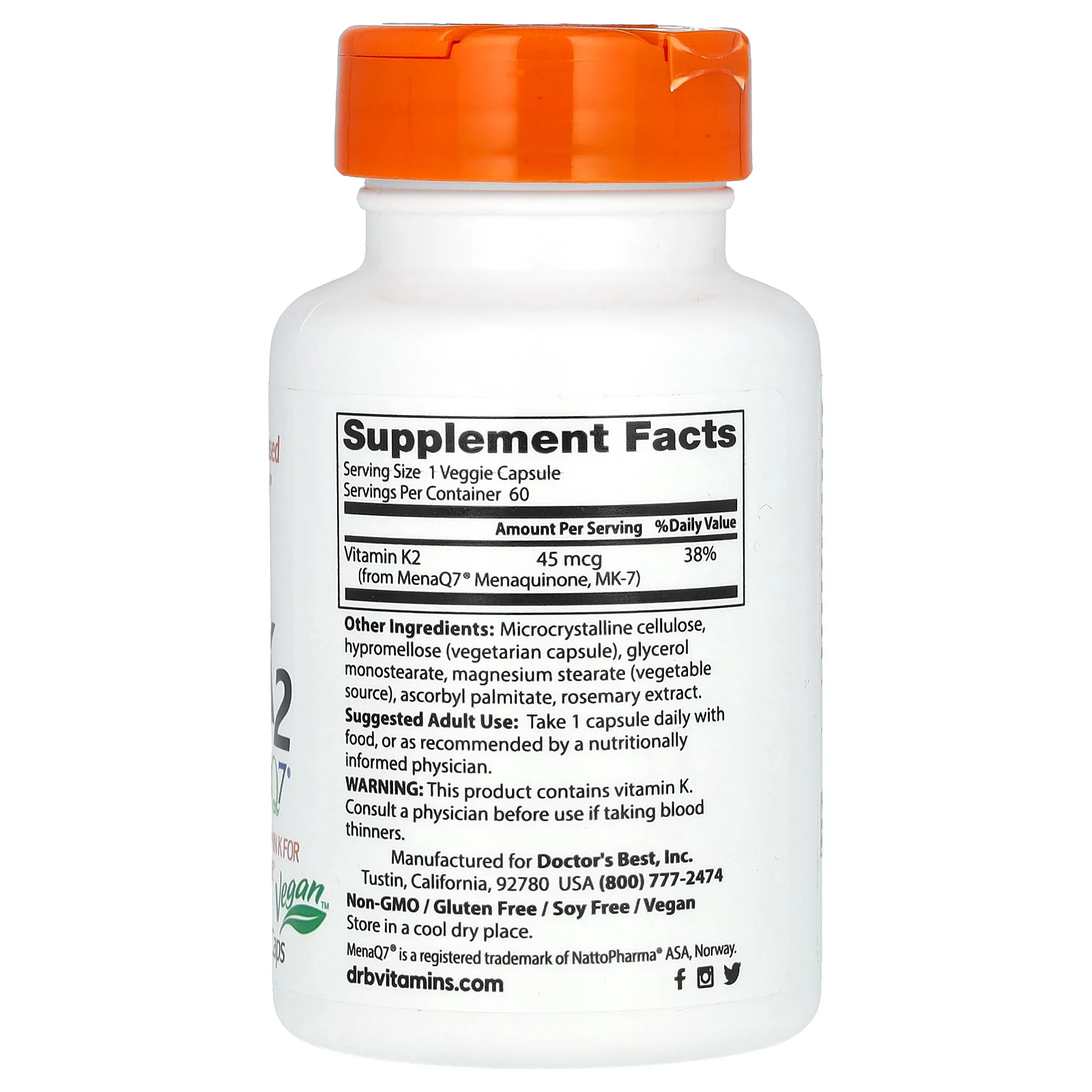 Doctor's Best, натуральный витамин K2 MK-7 с MenaQ7, 45 мкг, 60 вегетарианских капсул