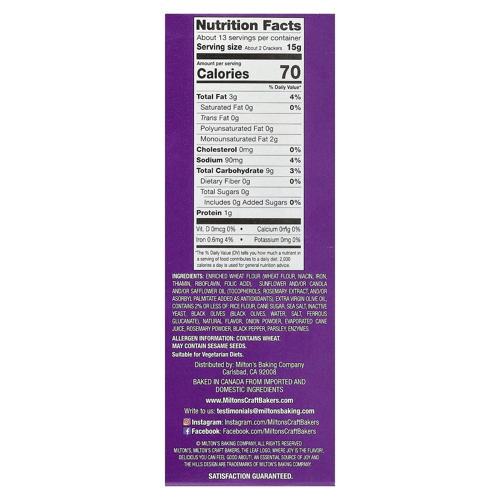 Milton's Craft Bakers, Gourmet Crackers, оливковое масло и морская соль, 193 г (6,8 унции)