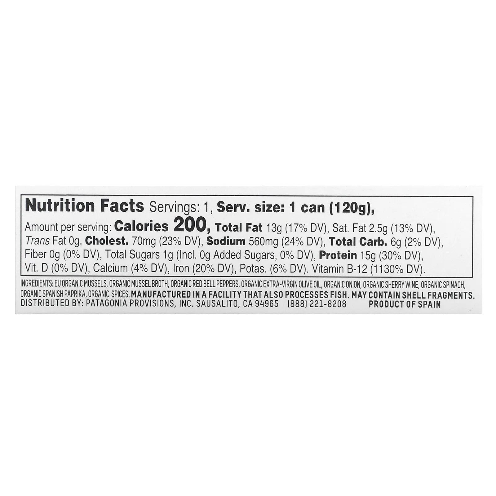 Patagonia Provisions, Пикантные мидии софрито в органическом оливковом масле холодного отжима + бульон, 120 г (4,2 унции)