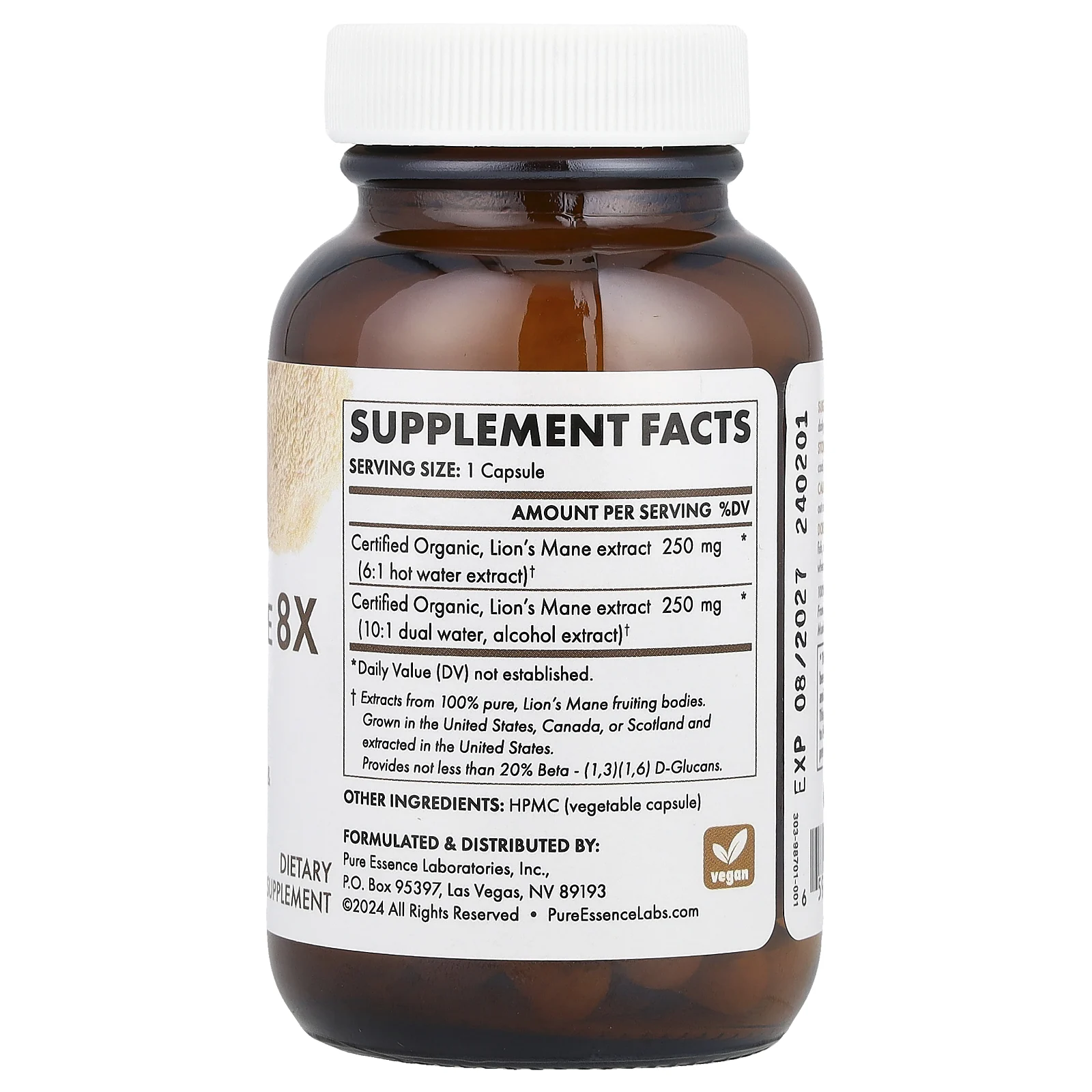 Pure Essence, MyPure ™, Lion's Mane 8X, максимальная сила действия, 30 растительных капсул