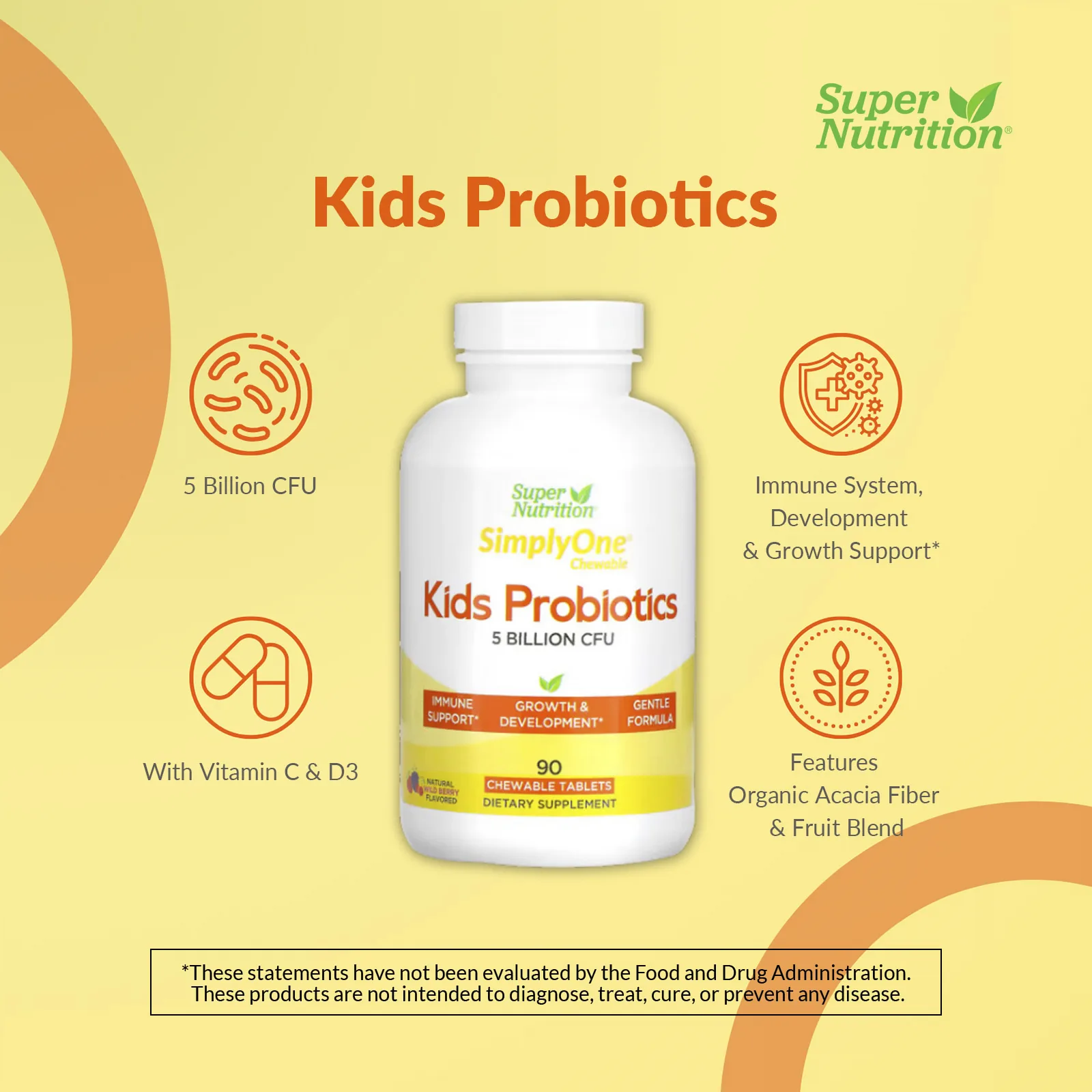 Super Nutrition, пробиотики для детей, вкус лесных ягод, 5 млрд КОЕ, 90 жевательных таблеток