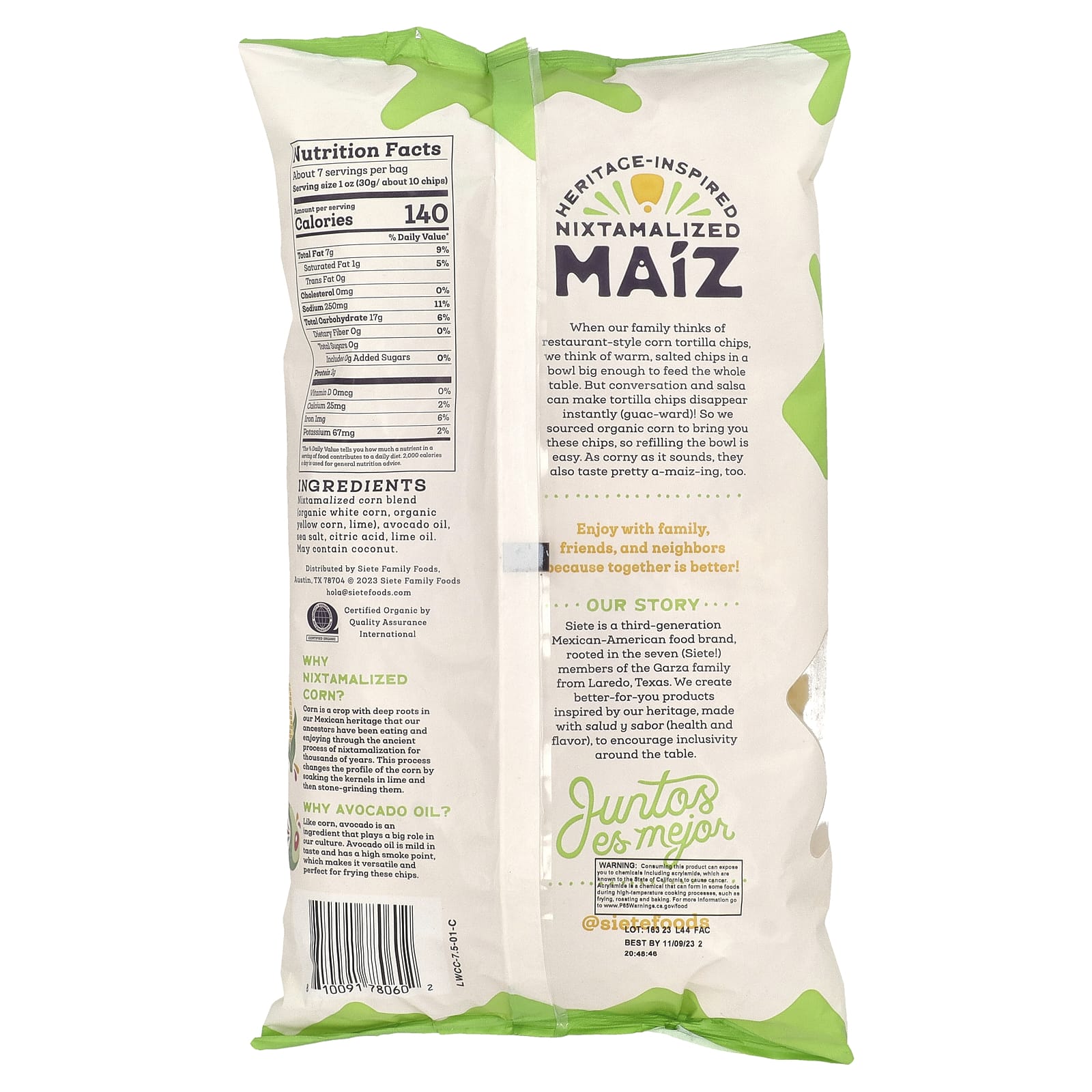 Siete, Чипсы из кукурузной тортильи Maiz Totopos, лайм, 212,6 г (7,5 унции)