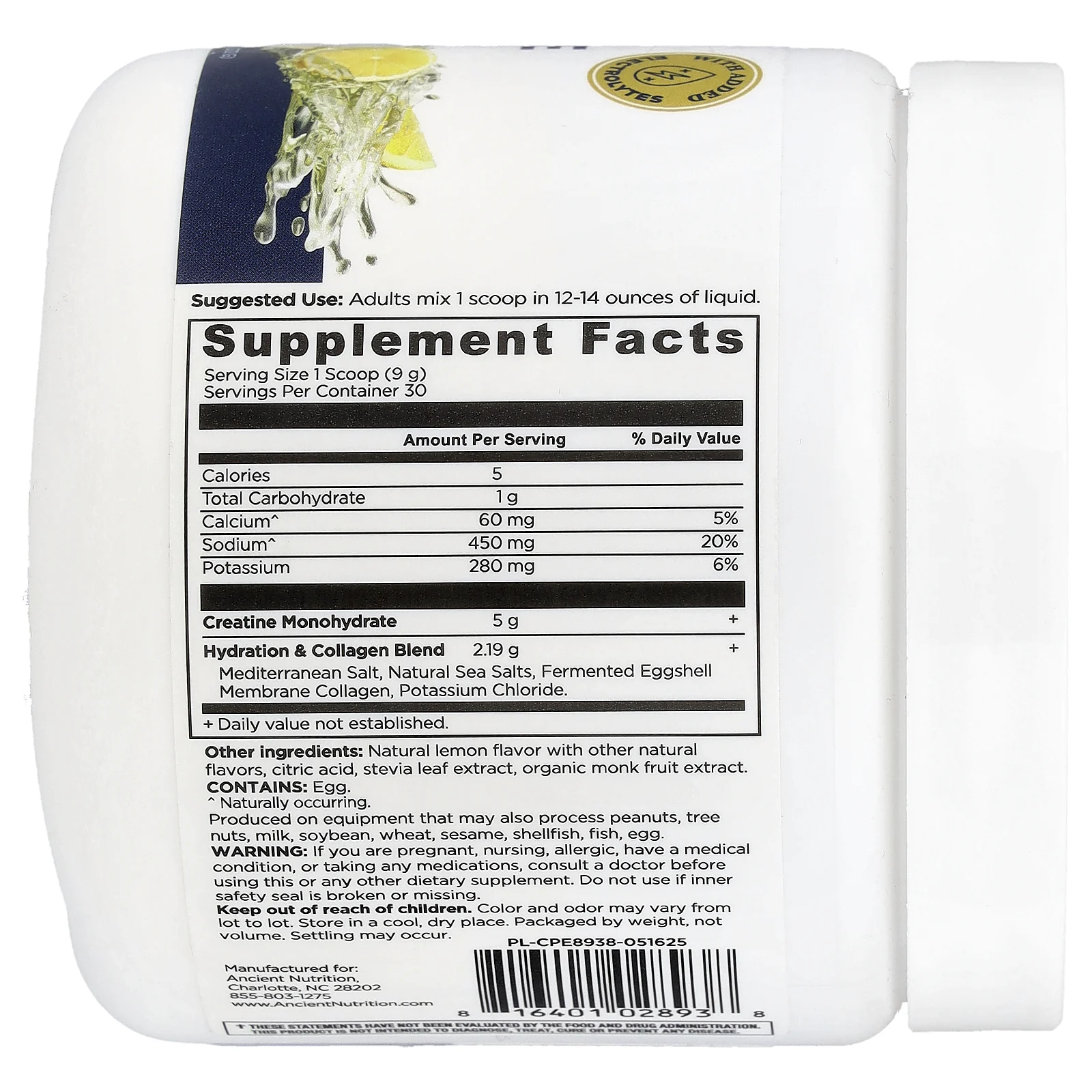 Ancient Nutrition, креатин с коллагеном, с лимонным вкусом, 272 г (9,6 унции)