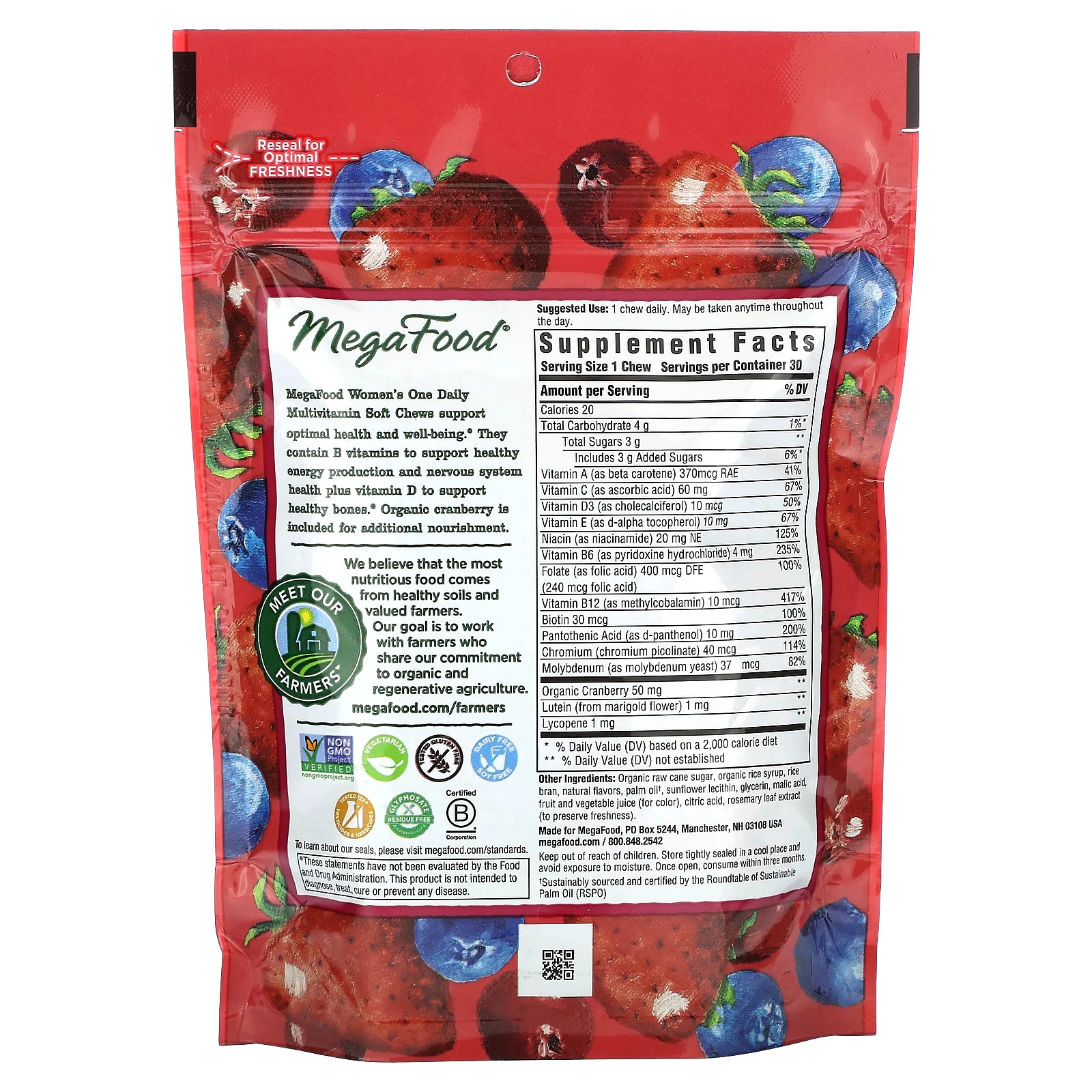 MegaFood, мультивитаминный комплекс для женщин, со вкусом ягодного ассорти, 30 жевательных таблеток в индивидуальной упаковке