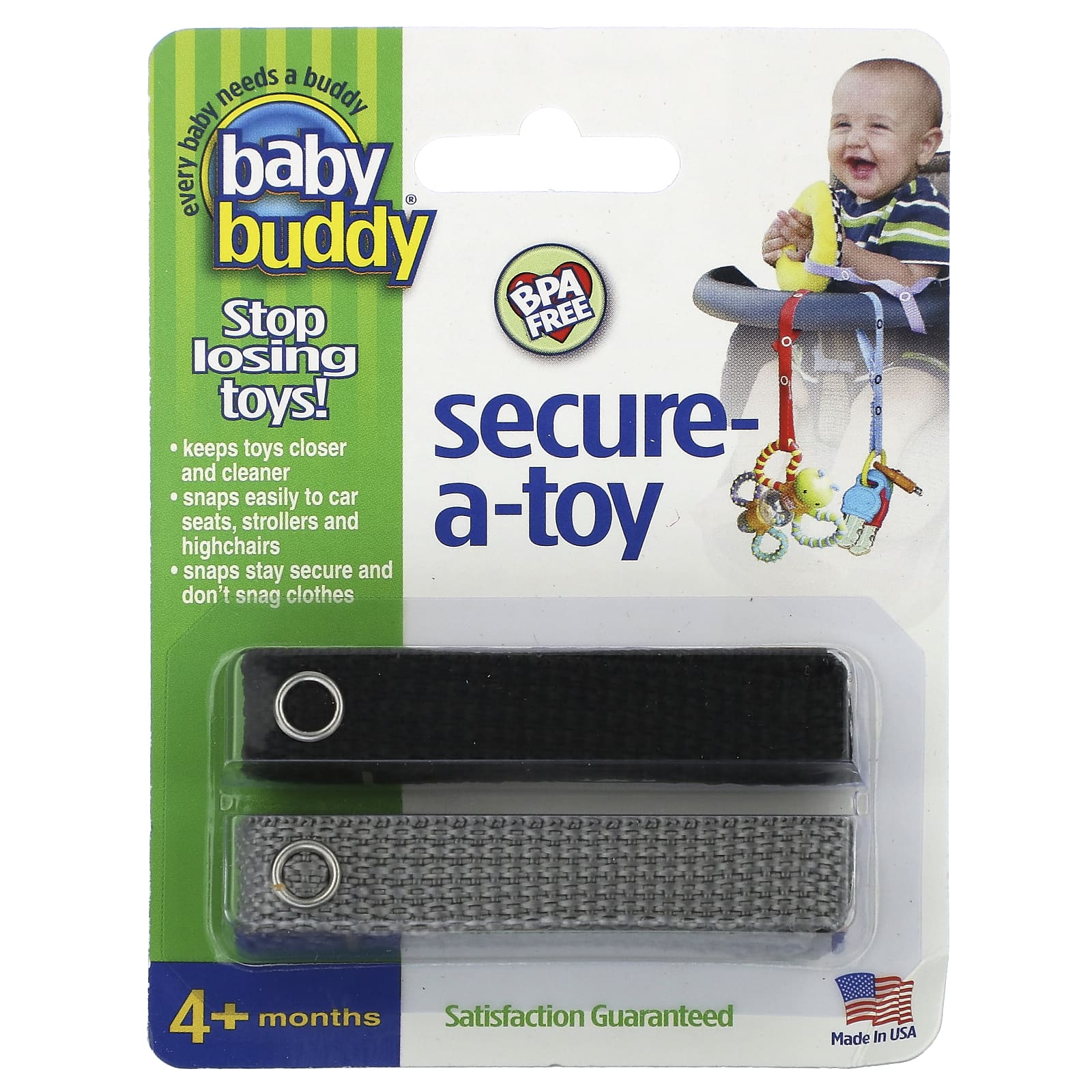 Baby Buddy, Secure-A-Toy, для детей от 4 месяцев, черный и серый, 2 полоски