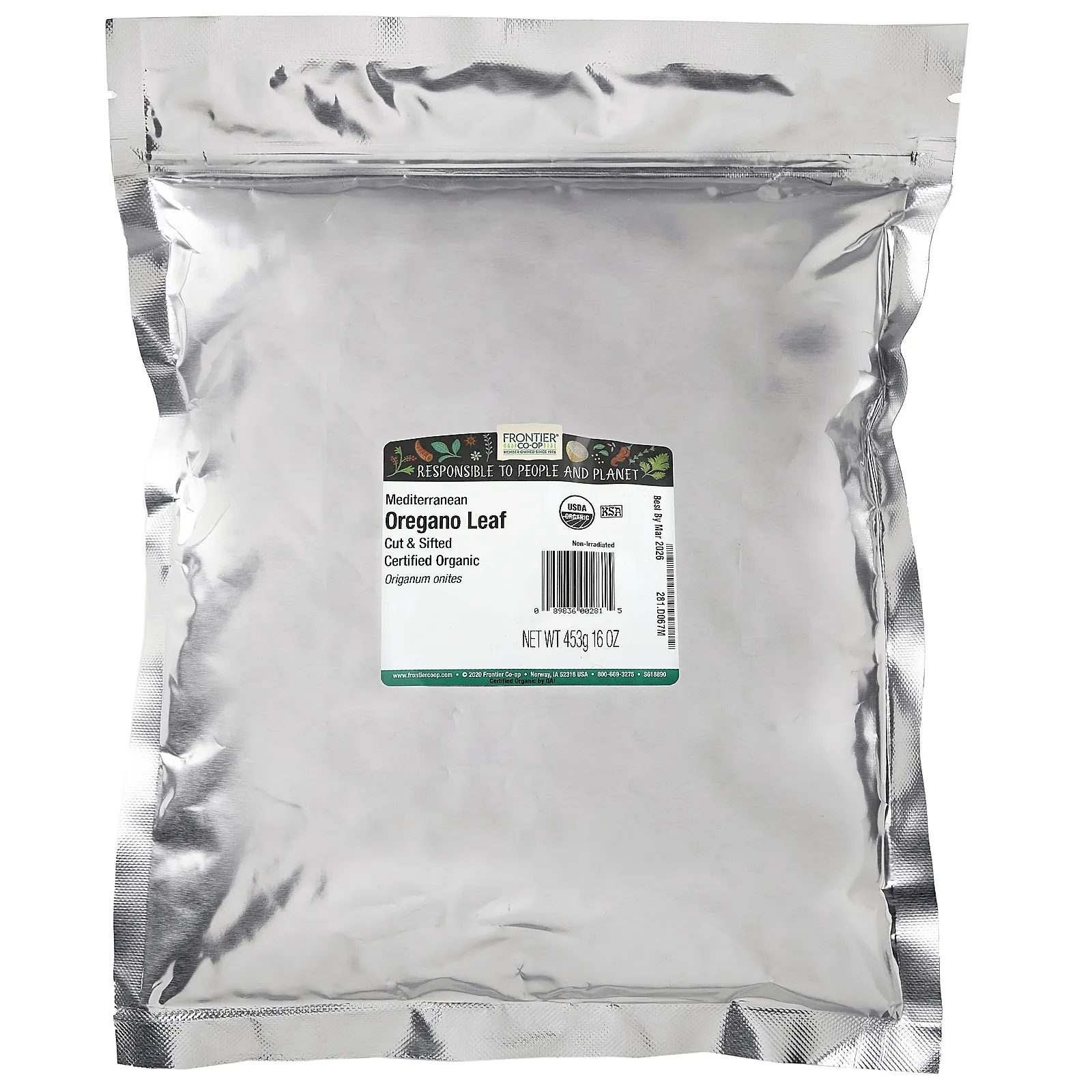 Frontier Co-op, органический порезанный и просеянный лист средиземноморского орегано, 453 г (16 унций)