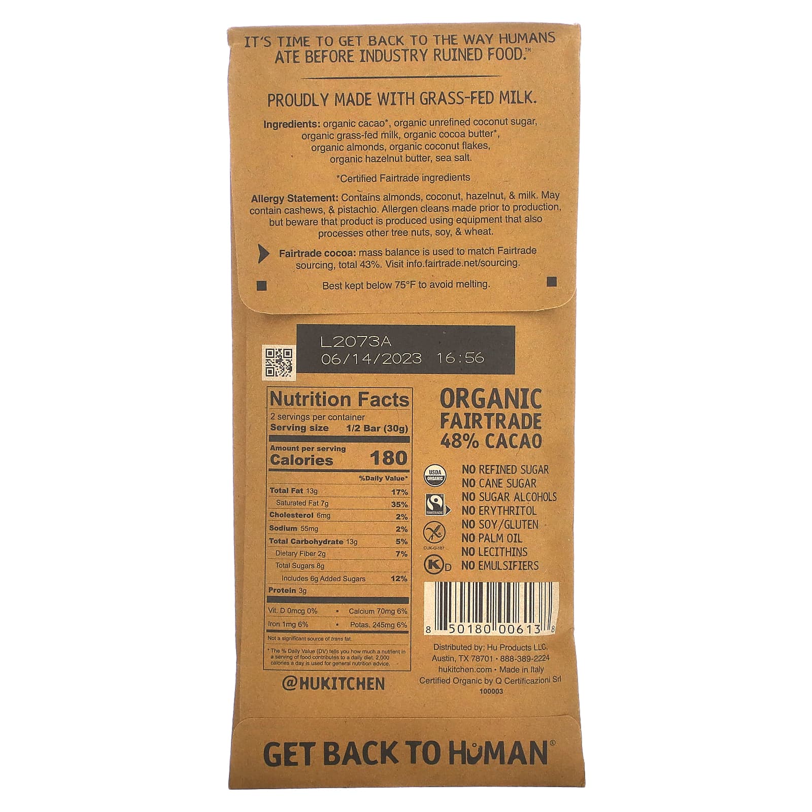 Hu, Миндальный кранч + кокосовая стружка, молочный шоколад, 60 г (2,1 унции)