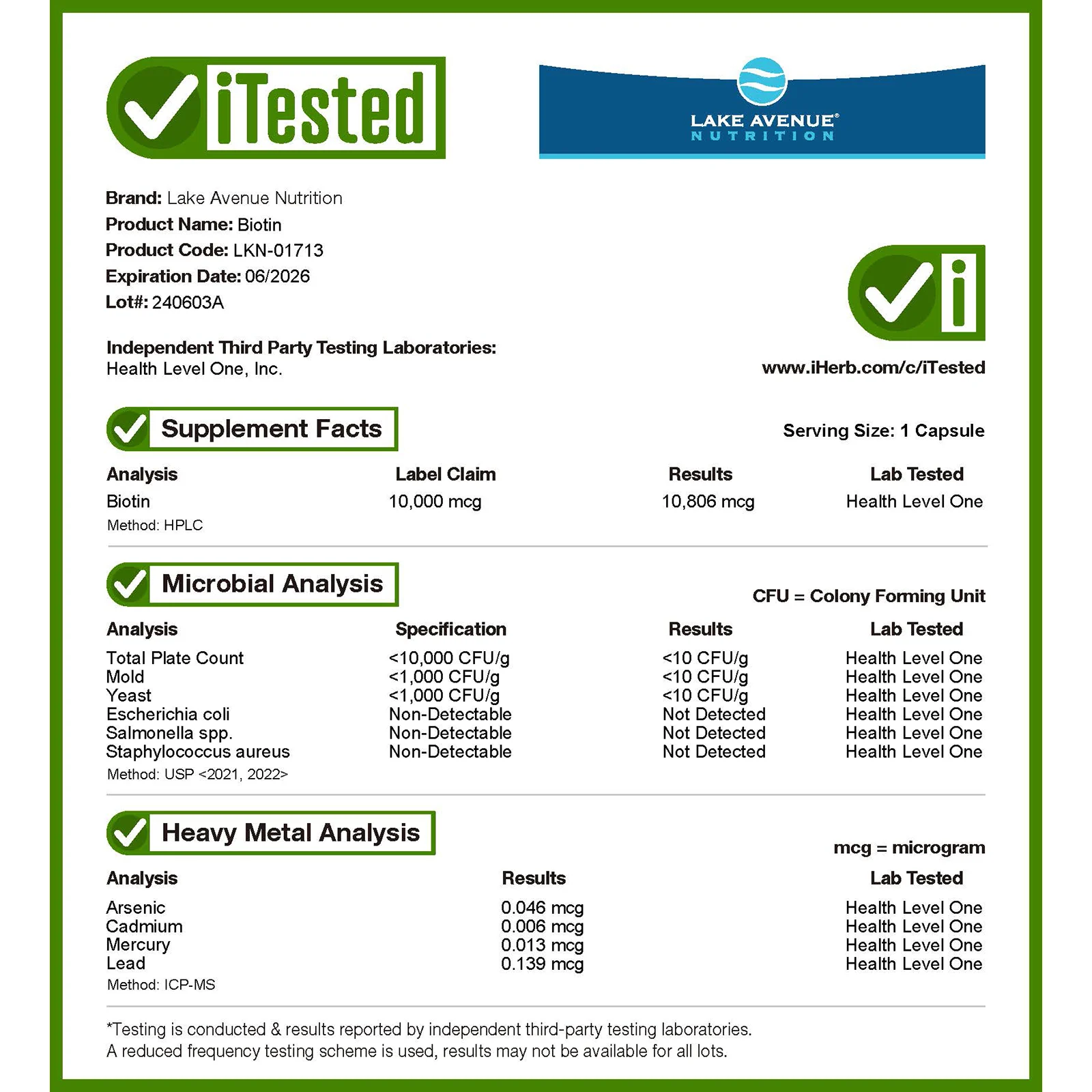 Lake Avenue Nutrition, Биотин, 10 000 мкг, 30 растительных капсул