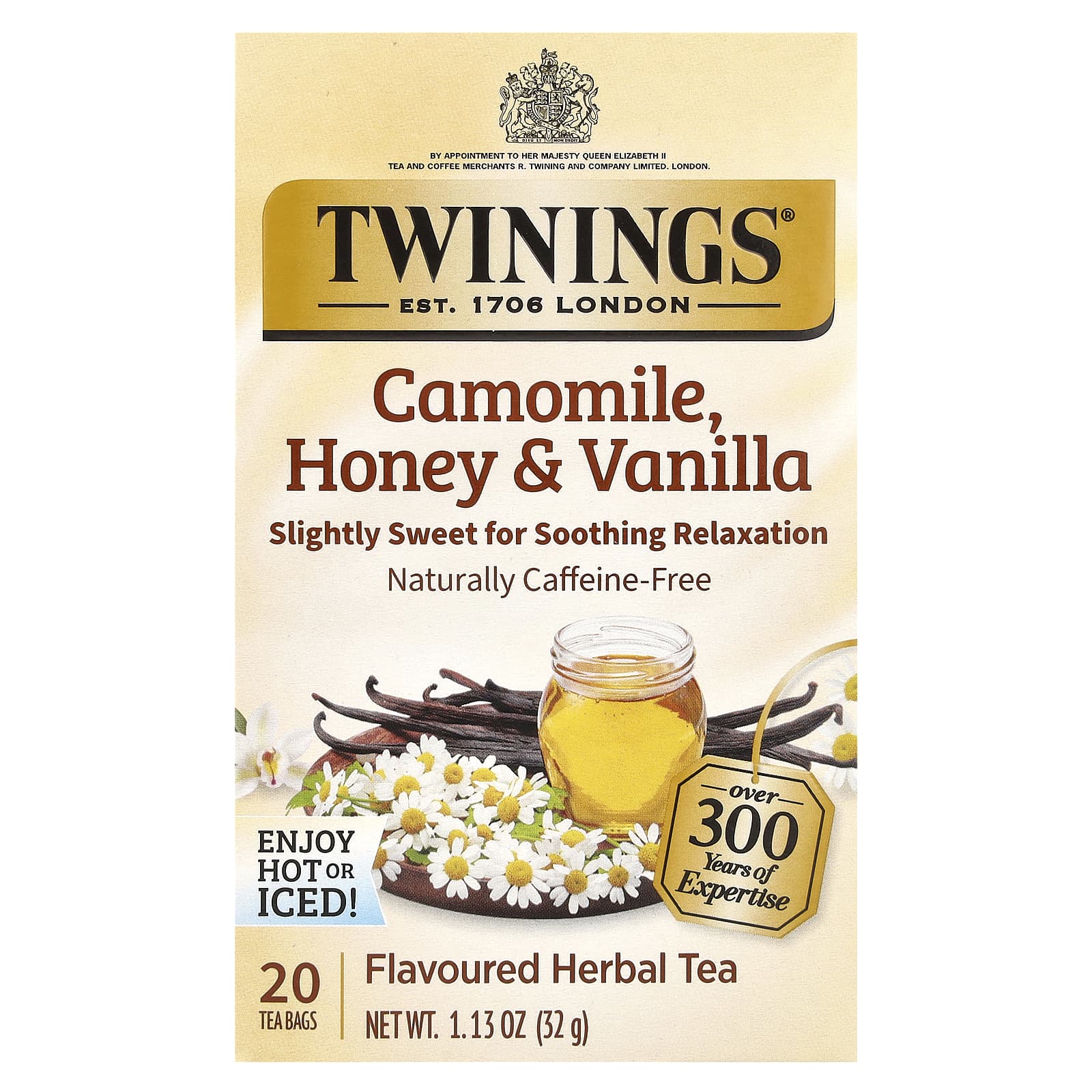 Twinings, травяной чай, ромашка, мед и ваниль, без кофеина, 20 чайных пакетиков в индивидуальной упаковке, 32 г (1,13 унции)