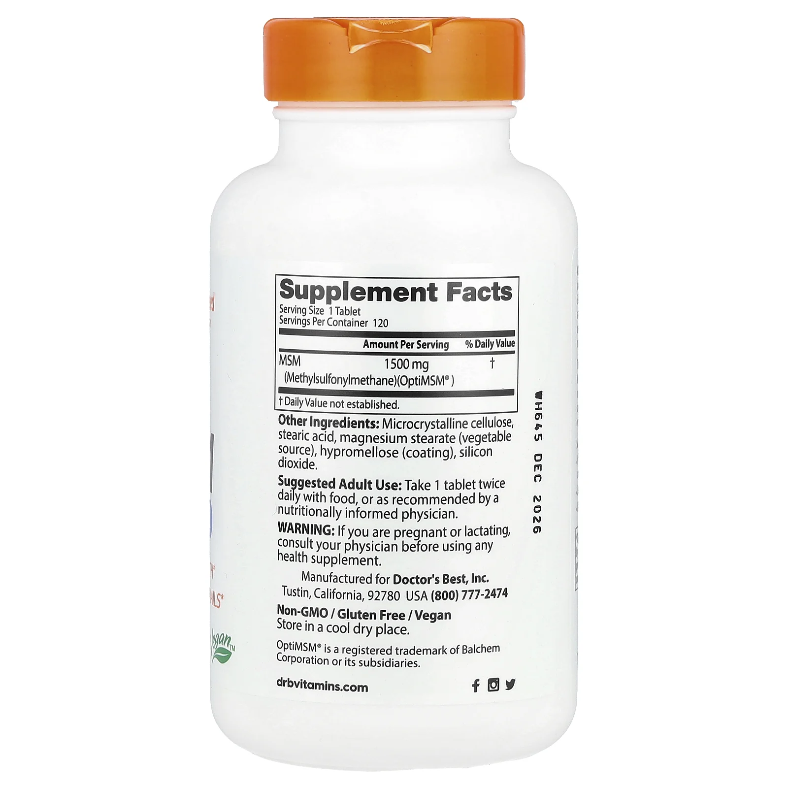 Doctor's Best, МСМ с OptiMSM, 1500 мг, 120 таблеток