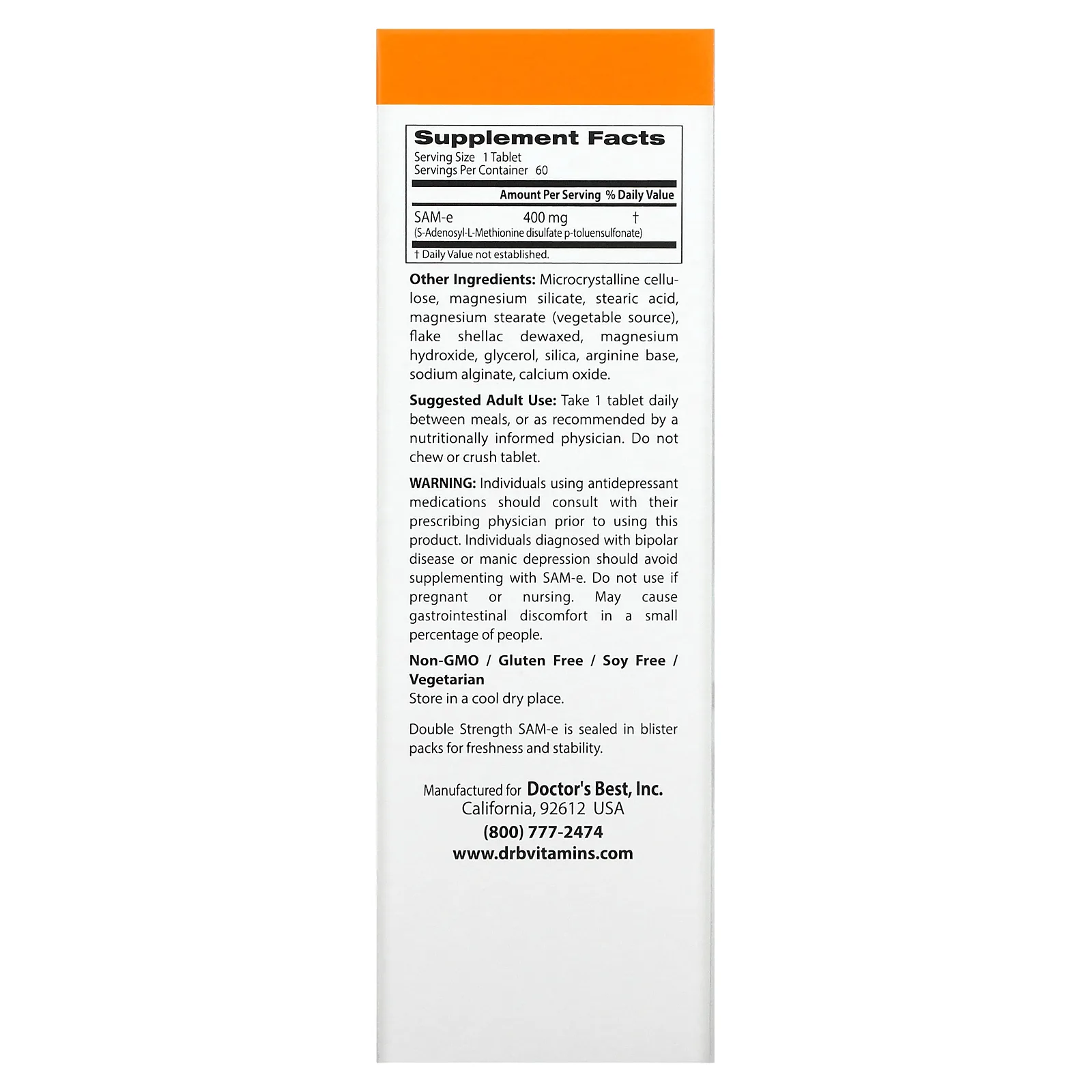 Doctor's Best, SAMe (дисульфат тозилат), двойная сила, 400 мг, 60 таблеток, покрытых кишечнорастворимой оболочкой