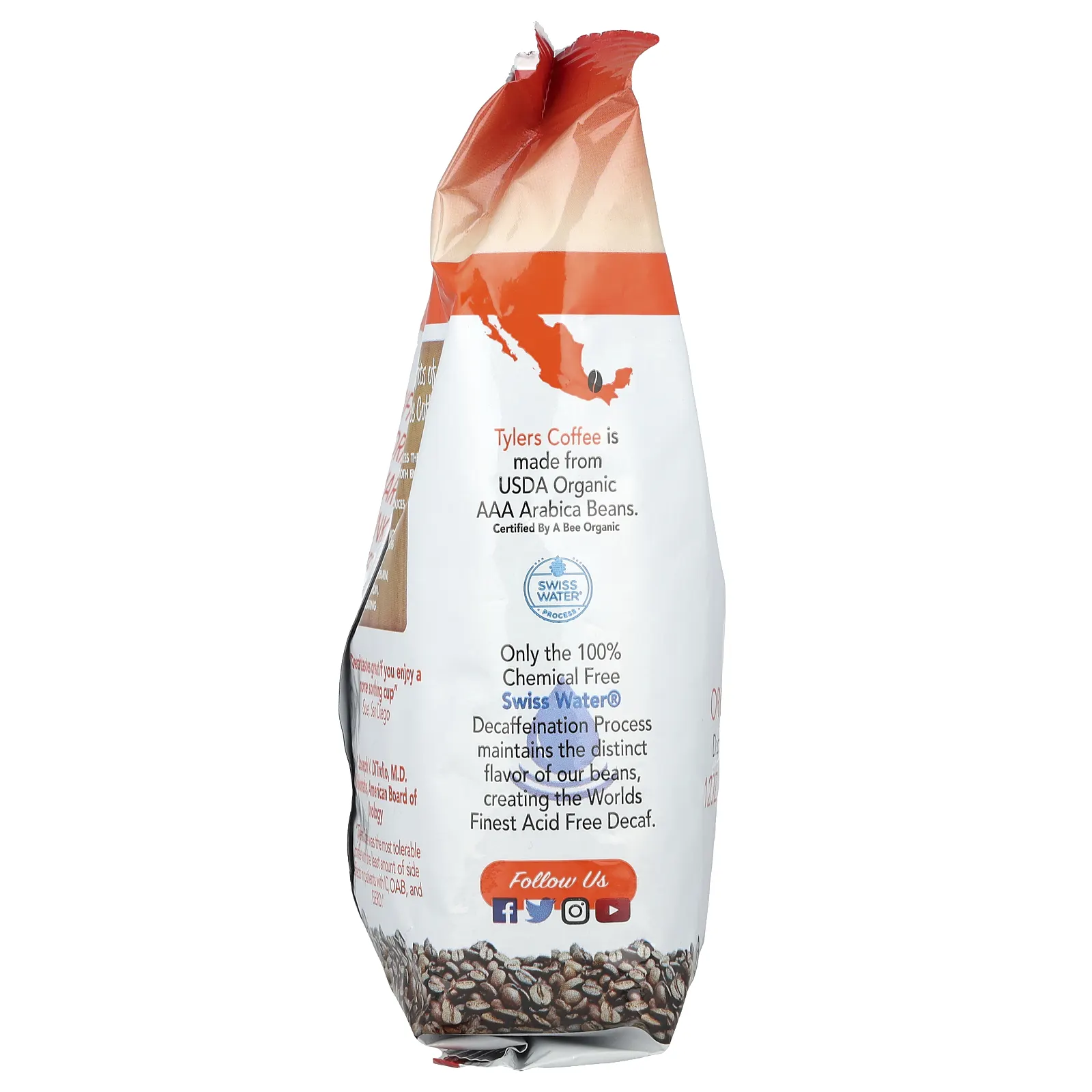 Tylers Coffees, Органический кофе, цельные зерна, без кофеина, 12 унций