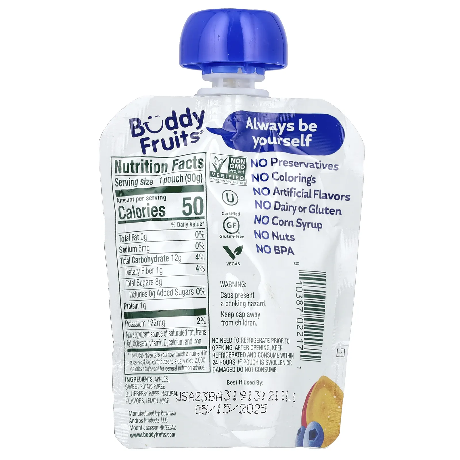 Buddy Fruits, смесь фруктов и овощей, голубика, батат и яблоко, 90 г (3,2 унции)