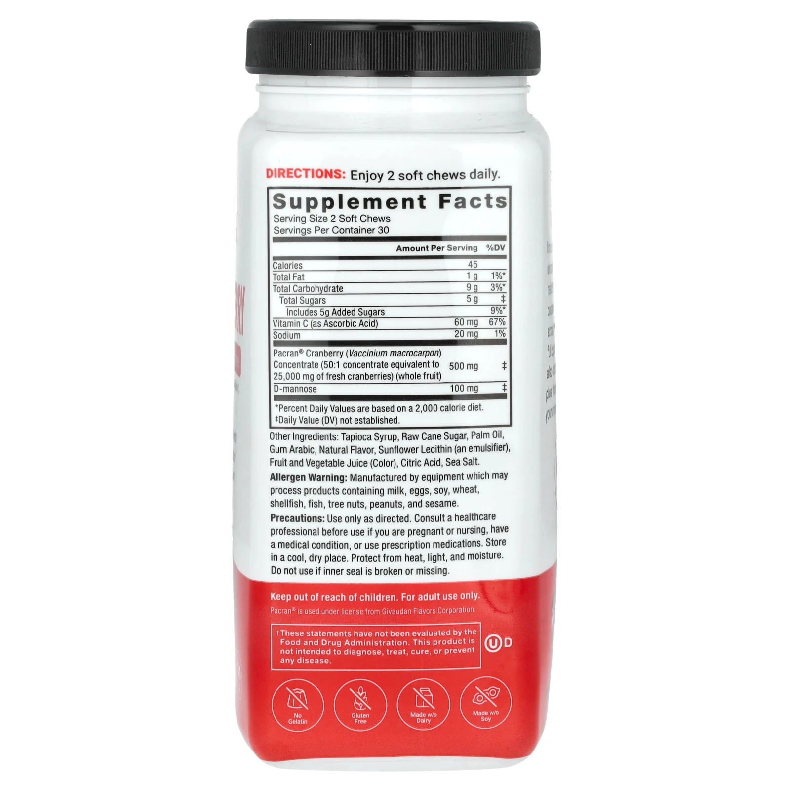 Force Factor, Клюква с D-маннозой и витамином C, сладкая клюква, 60 жевательных таблеток