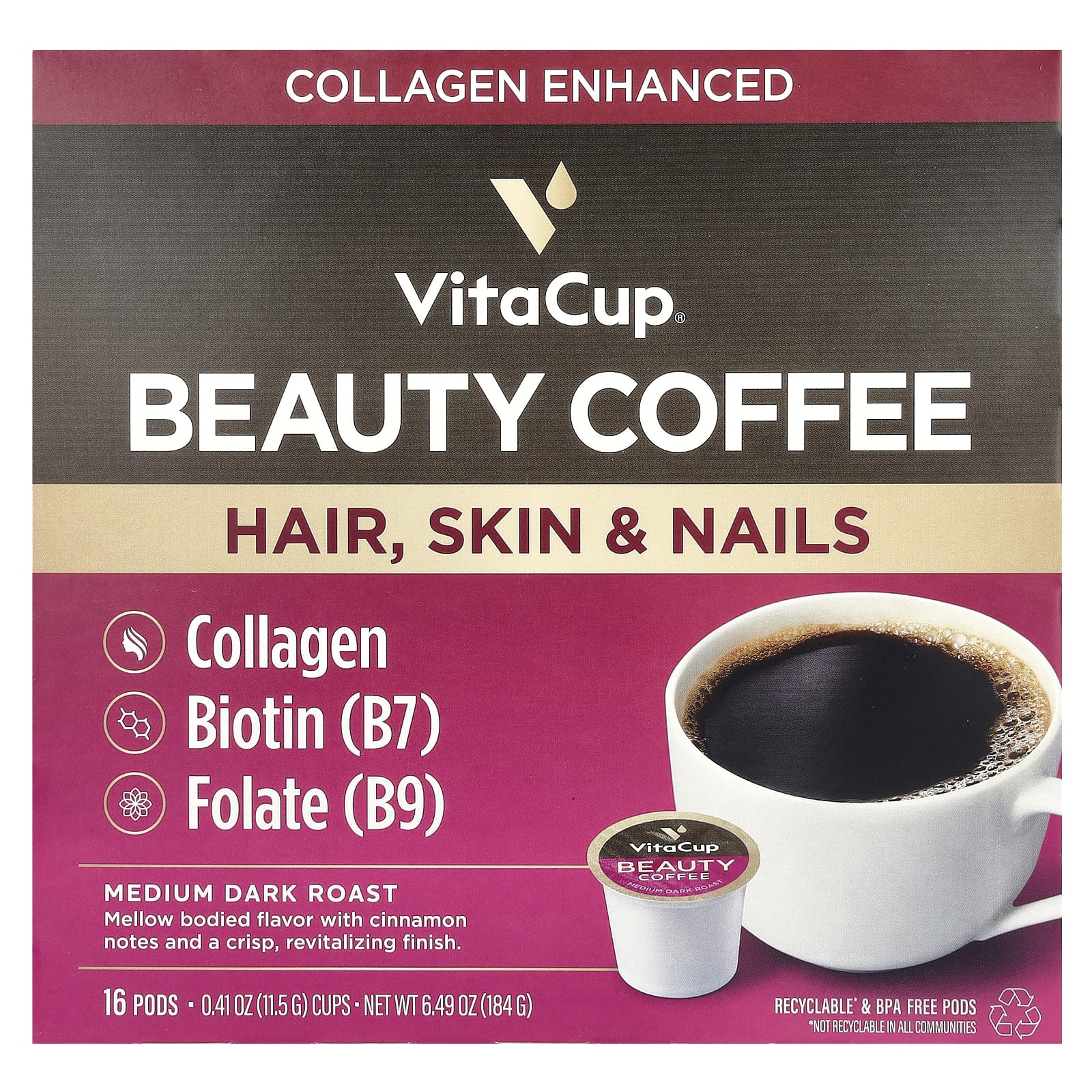 VitaCup, Beauty Coffee, средней обжарки, 16 чашек по 11,5 г (0,41 унции)