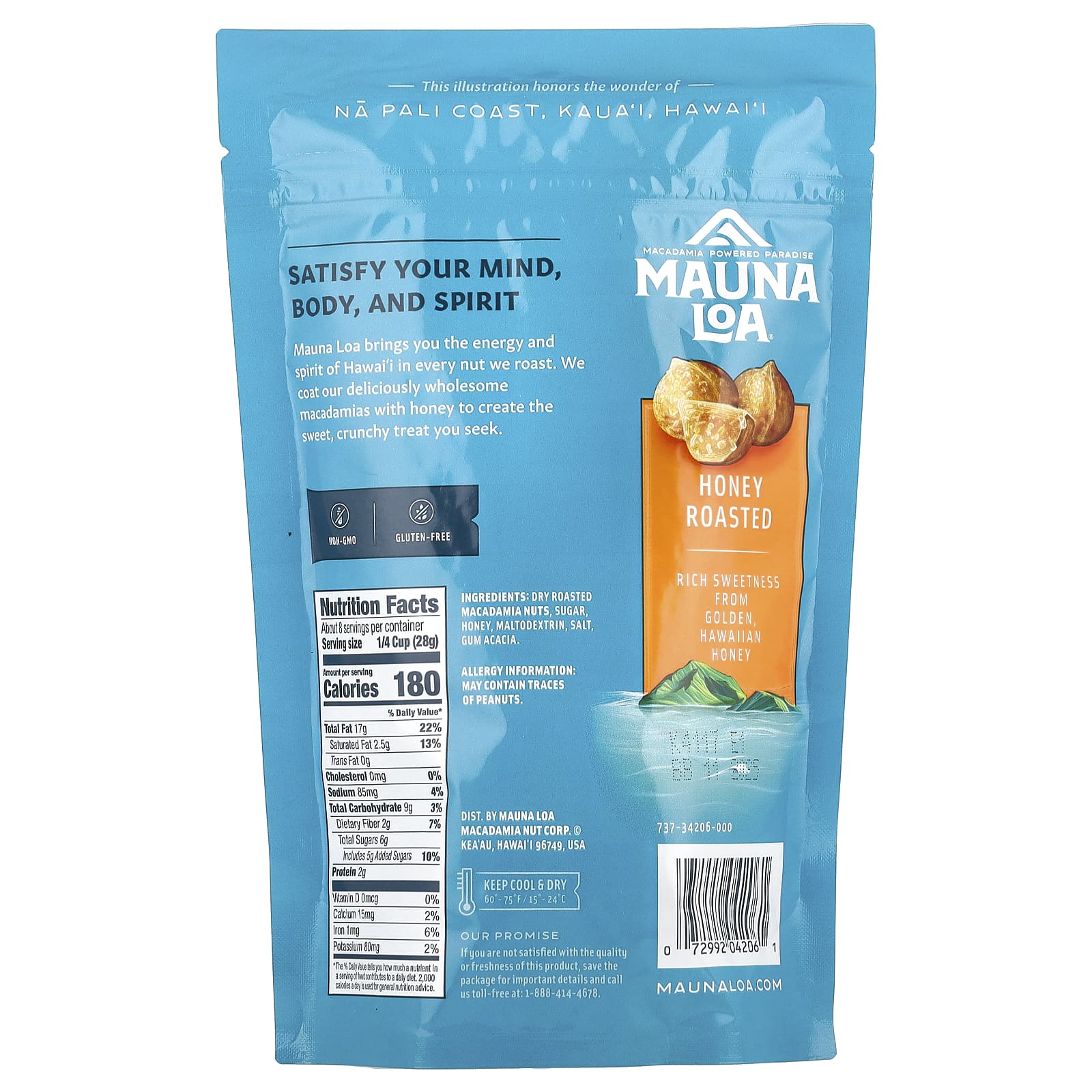 Mauna Loa, Dry Roasted Macadamias, обжаренный с медом, 226 г (8 унций)