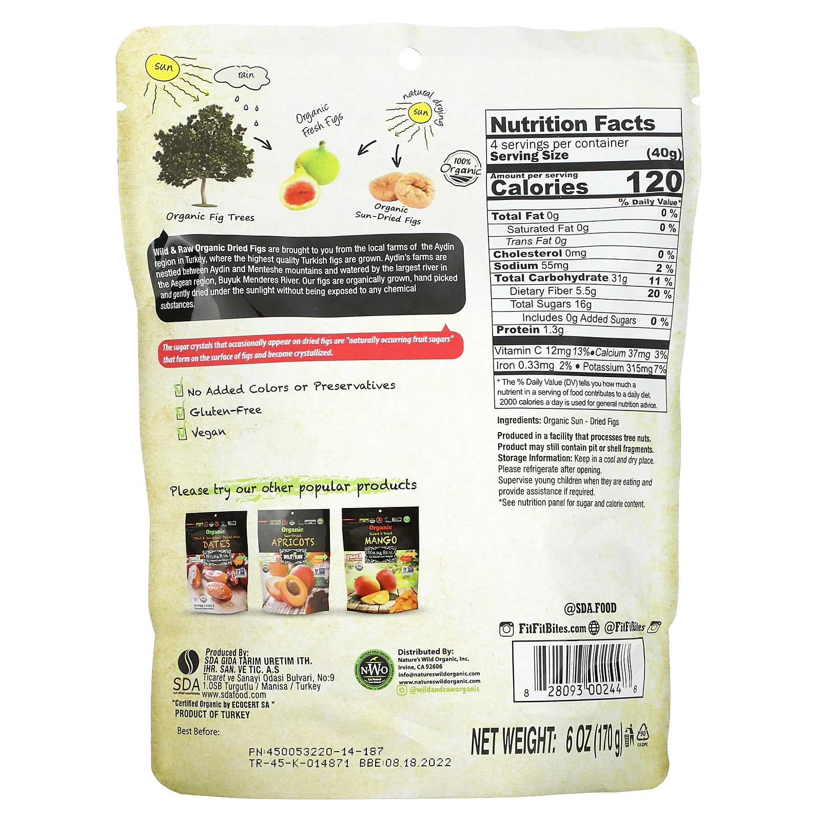 Nature's Wild Organic, Высушенный на солнце органический турецкий инжир, 6 унц. (170 г)