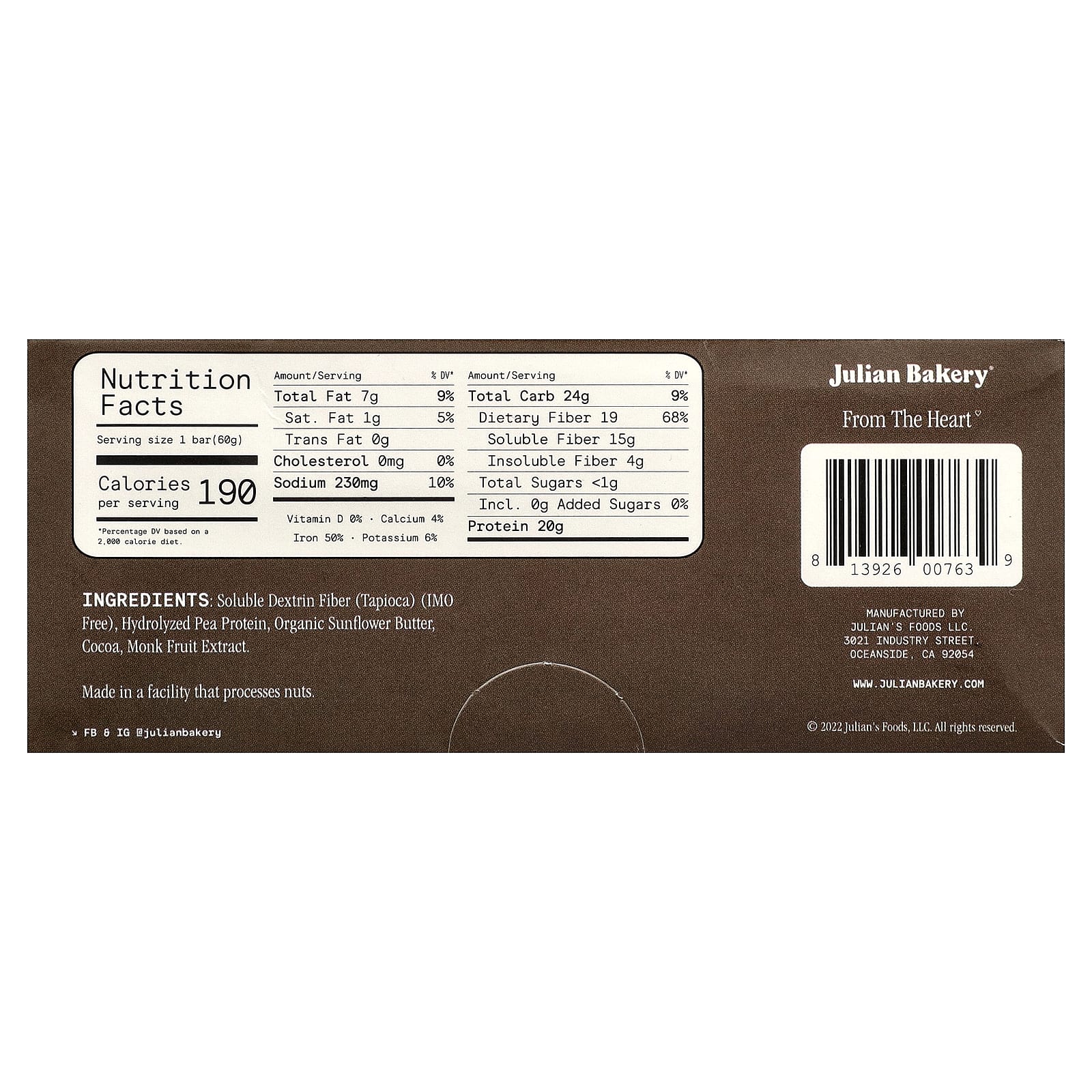 Julian Bakery, батончик с гороховым протеином, темный шоколад, 12 шт. по 60 г (2,1 унции)