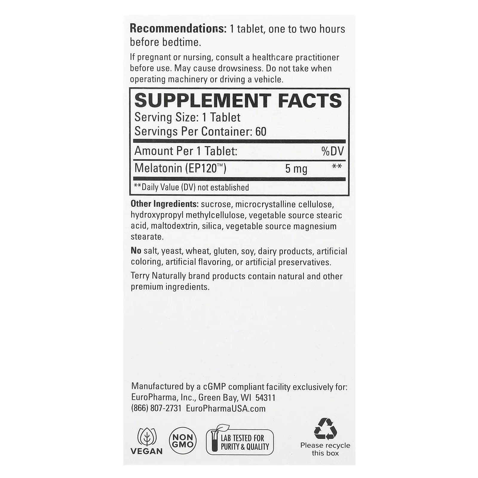 Terry Naturally, мелатонин EP120, 5 мг, 60 таблеток