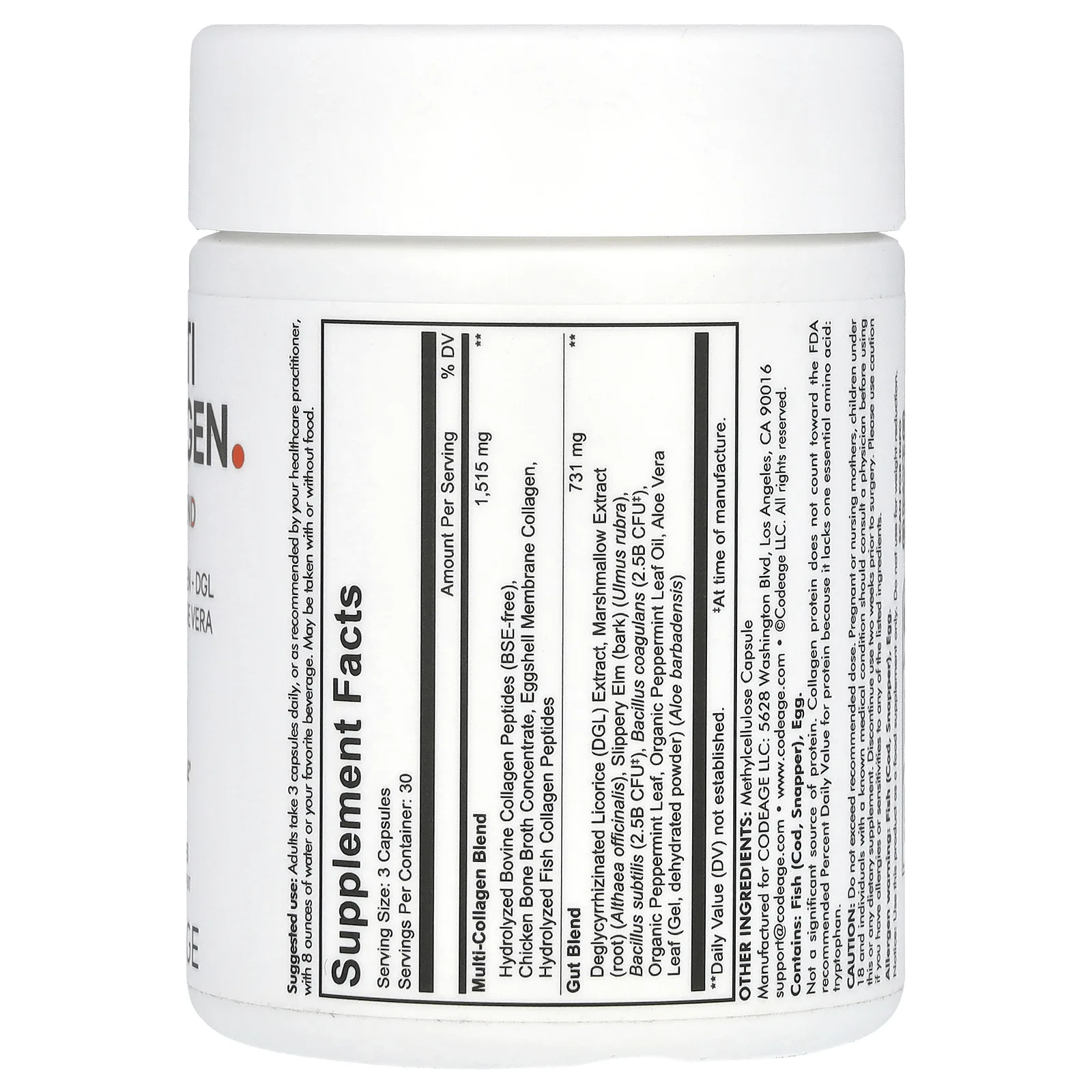 Codeage, смесь нескольких типов коллагена и кишечника, 90 капсул