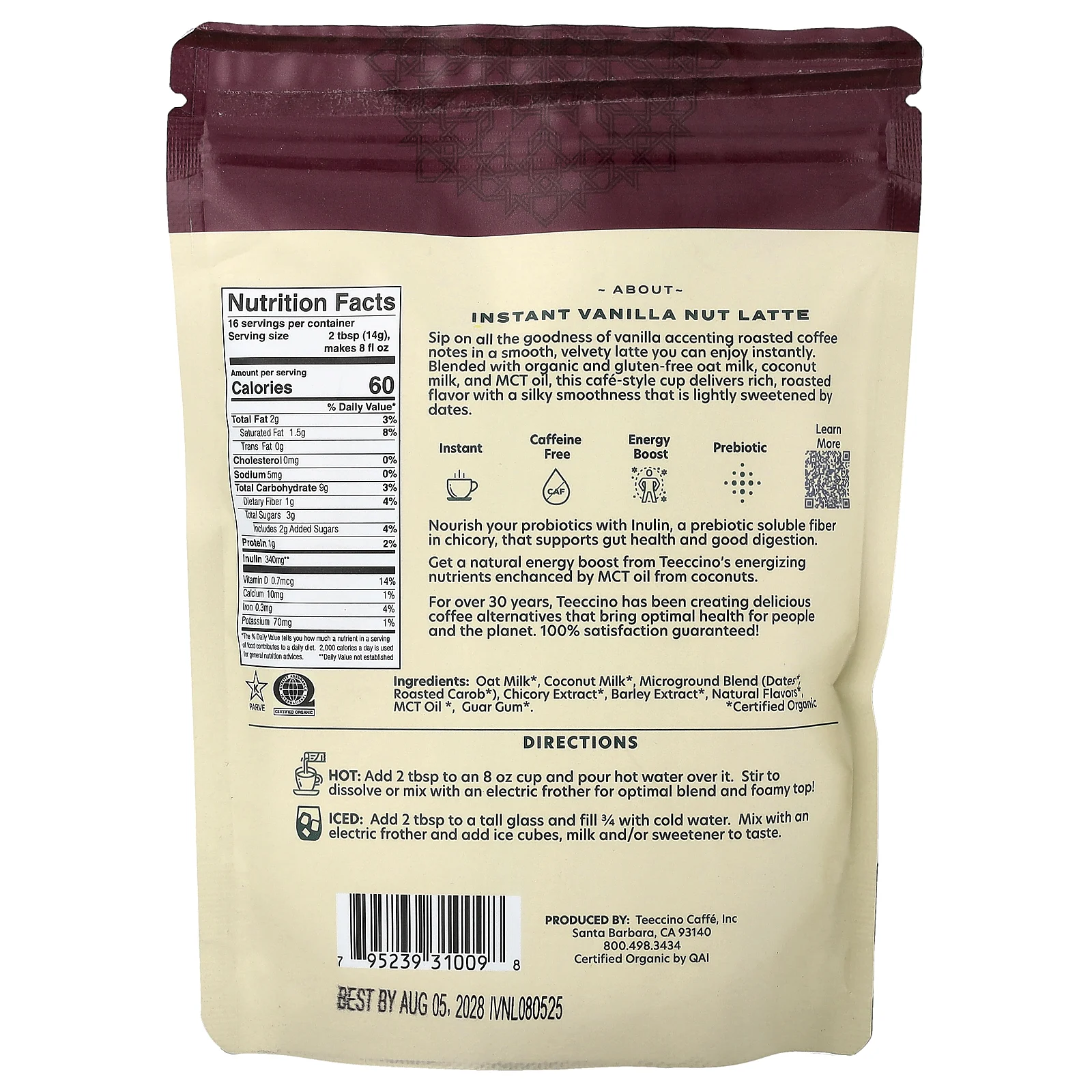 Teeccino, растворимый травяной латте, ваниль и орехи, средняя обжарка, без кофеина, 224 г (7,9 унции)