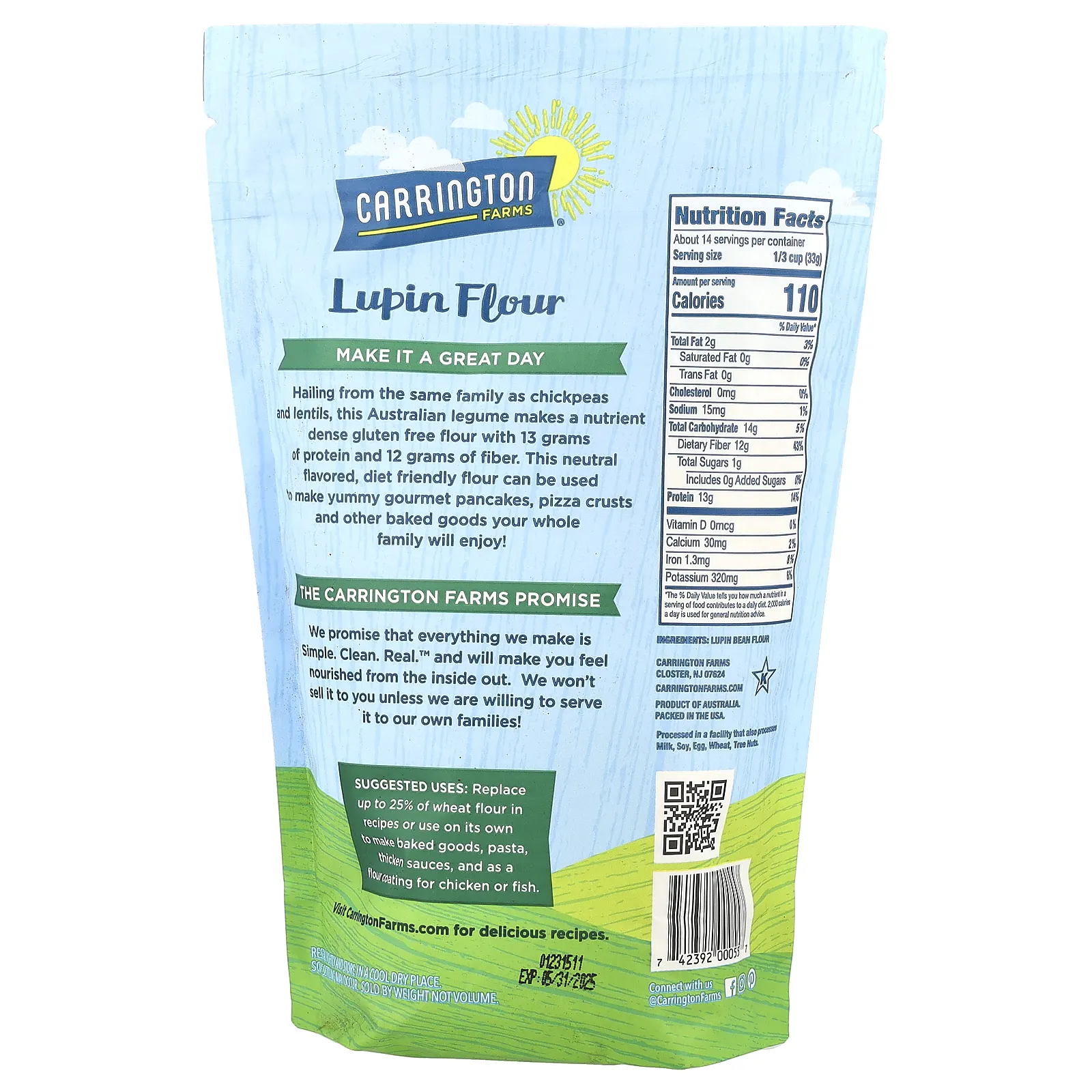 Carrington Farms, Люпиновая мука, 453,5 г (16 унций)