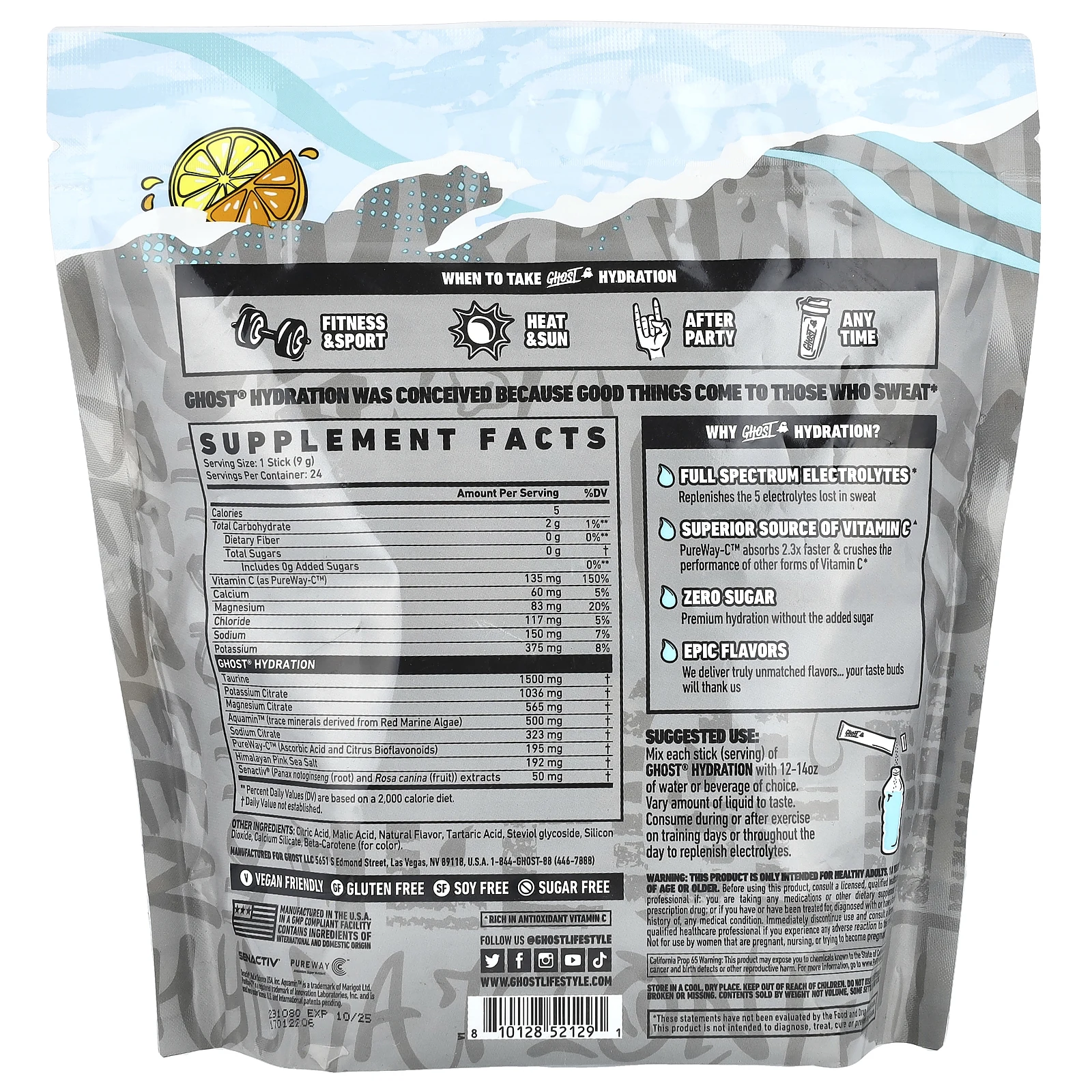 Ghost, Hydration, лимонный сок, 24 стика по 9 г (0,32 унции)