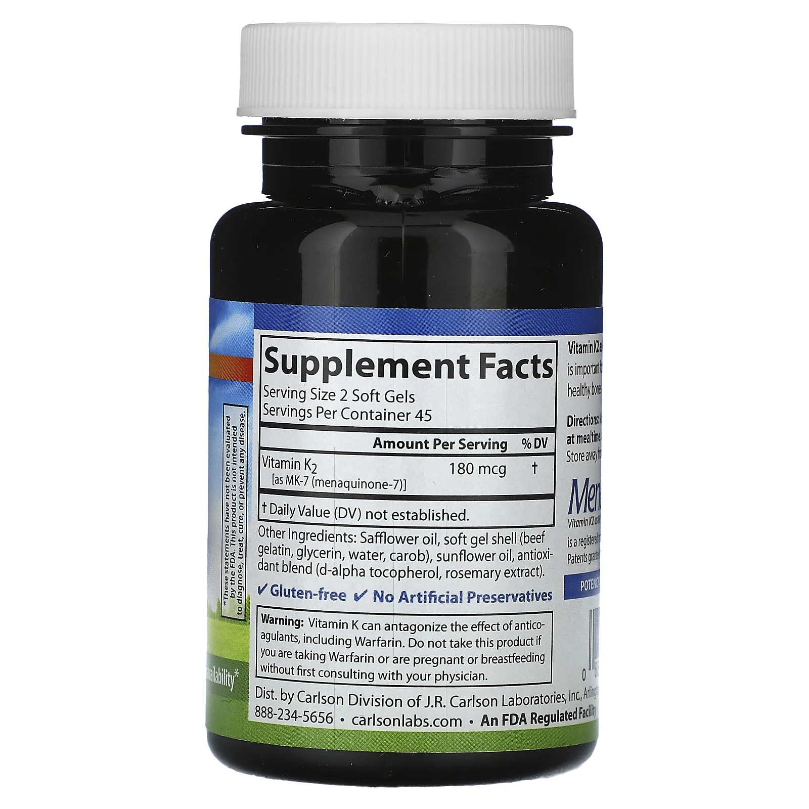 Carlson, витамин K2, 180 мкг, 90 капсул (90 мкг в 1 капсуле)