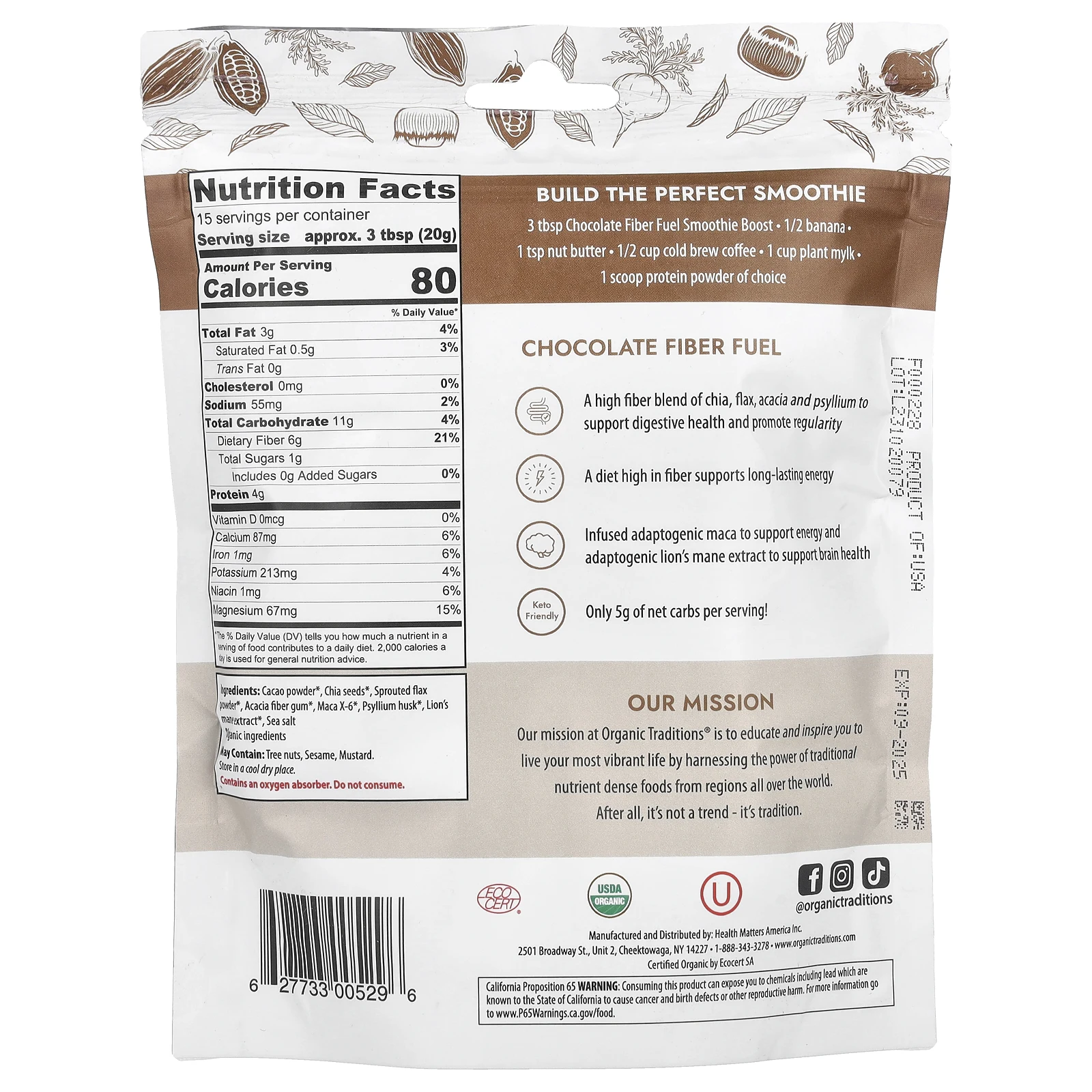 Organic Traditions, Fiber Fuel Smoothie Boost, шоколад, 300 г (10,6 унции)