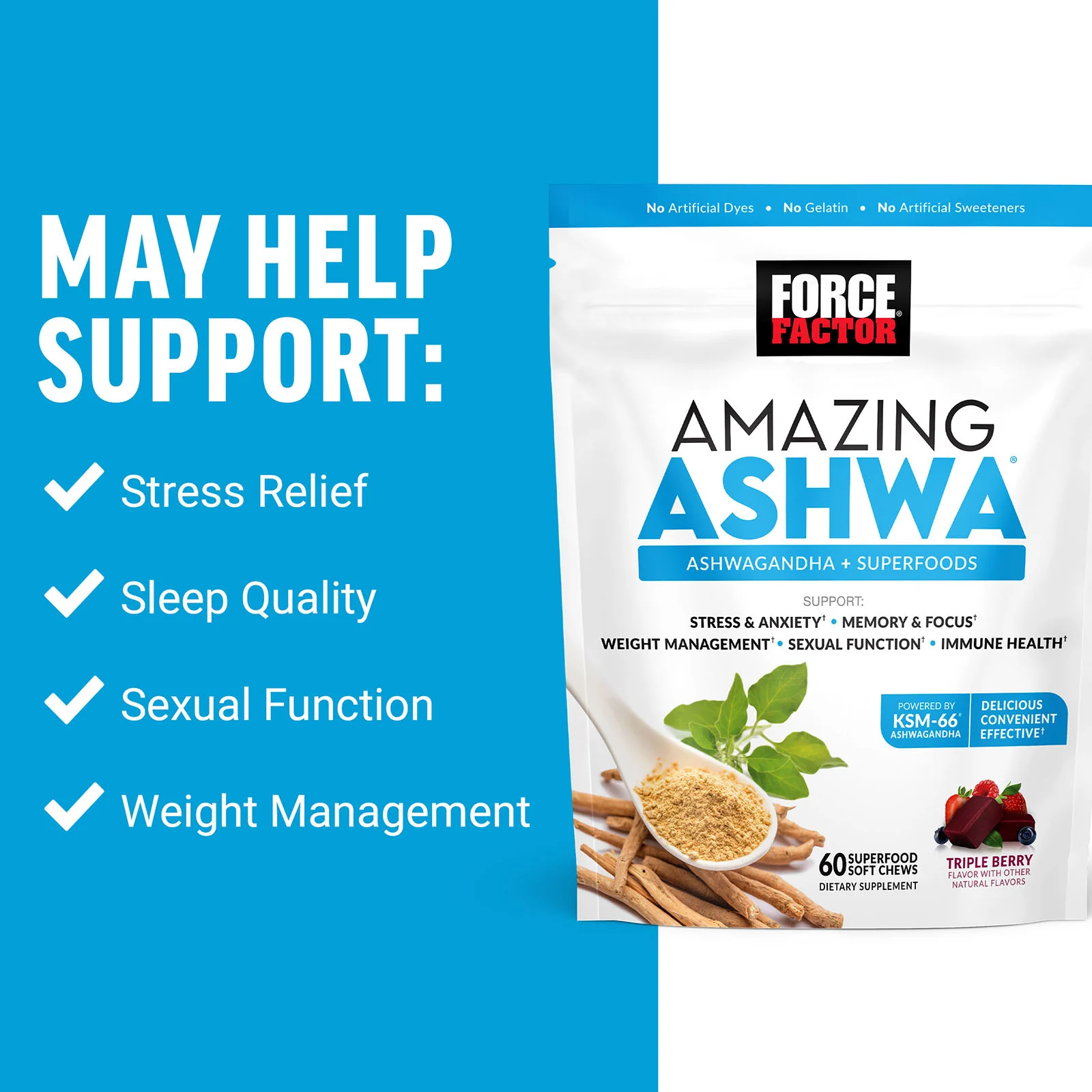 Force Factor, Amazing Ashwa, тройная ягода, 60 жевательных таблеток