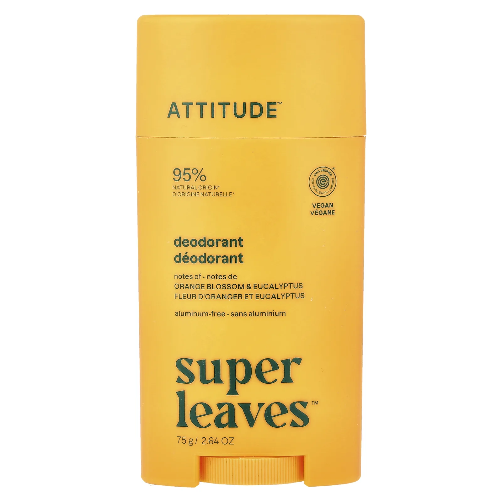 ATTITUDE, Super Leaves™, дезодорант-стик, цветок апельсина и эвкалипт, 75 г (2,64 унции)