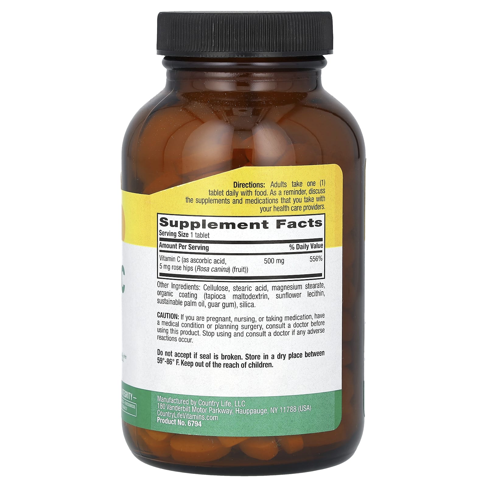 Country Life, витамин C с шиповником, 500 мг, 250 таблеток