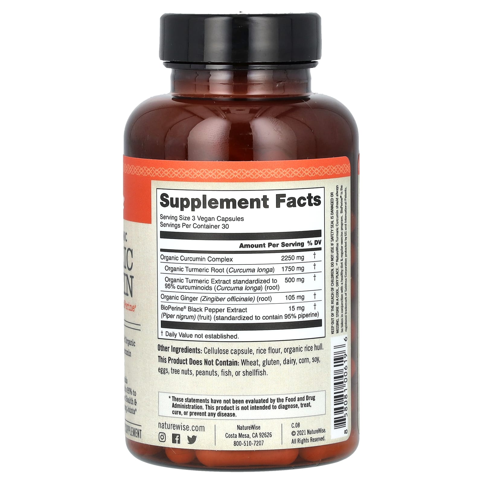 NatureWise, куркумин из органической куркумы, 90 веганских капсул