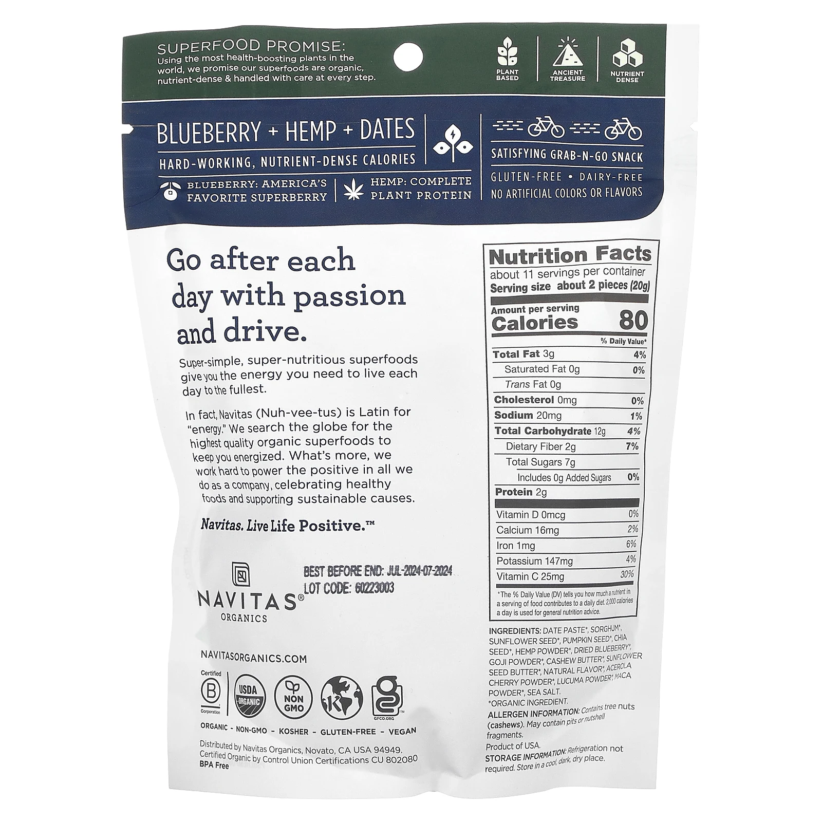 Navitas Organics, Organic Power Snacks, черника, конопля, 227 г (8 унций)