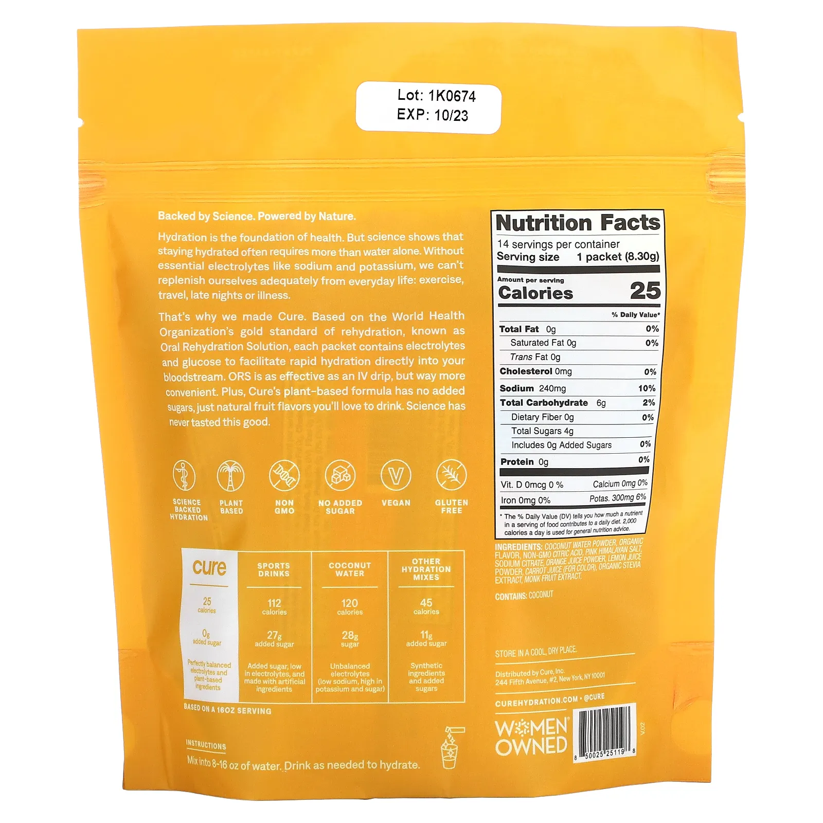 Cure Hydration, смесь электролитов для гидратации, апельсин, 14 пакетиков по 8,3 г (0,29 унции) каждый