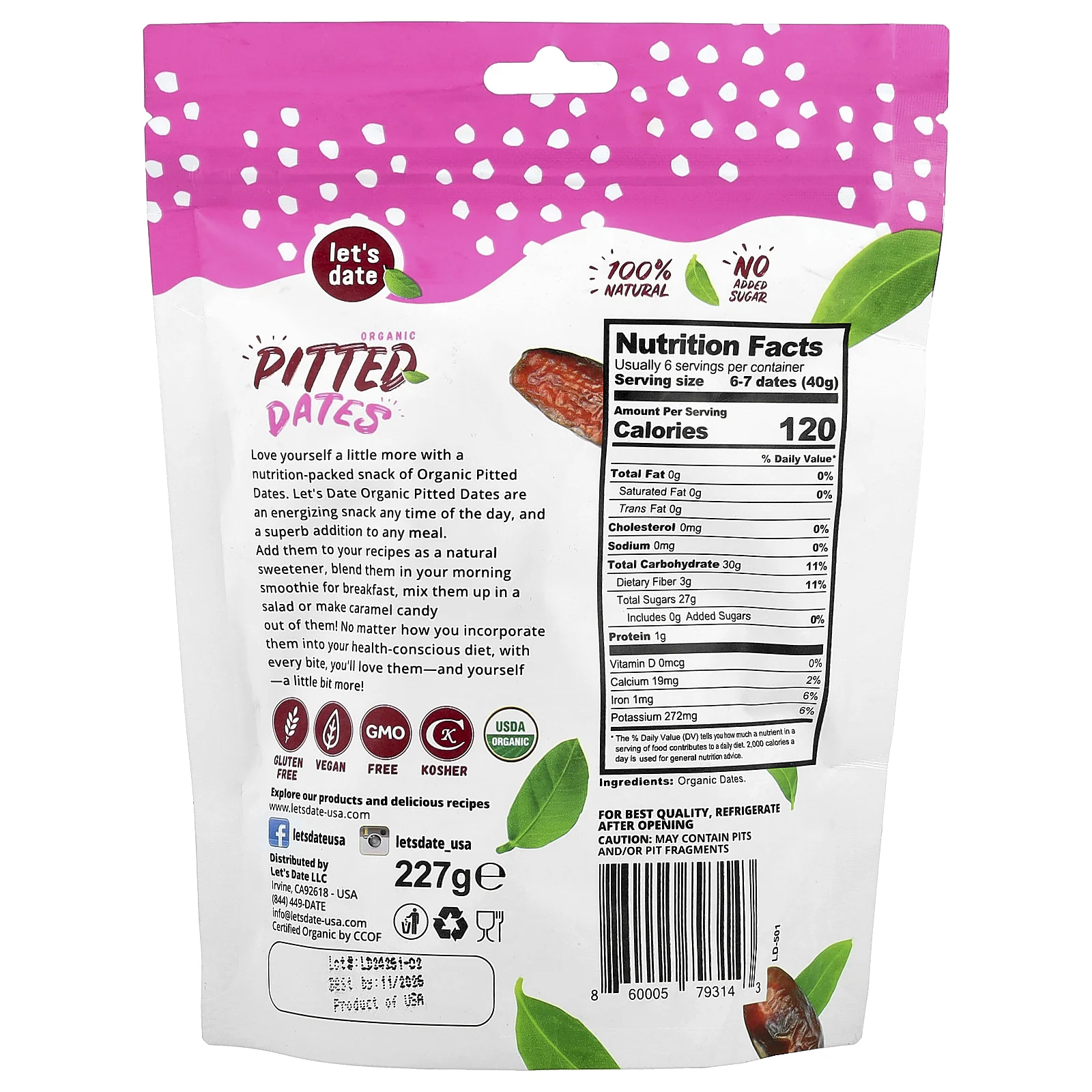Let's Date, Органические финики без косточек, 227 г (8 унций)