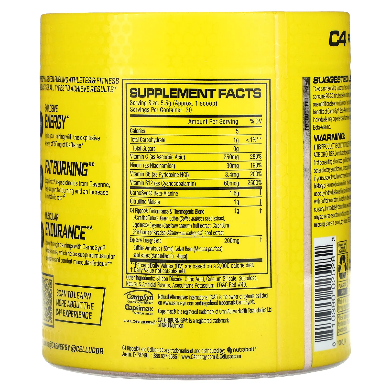 Cellucor, C4 Ripped, предтренировочный комплекс, фруктовый пунш, 165 г (5,8 унции)