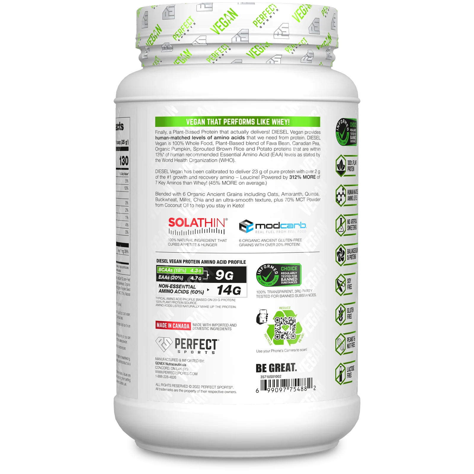 Perfect Sports, Vegan Diesel, смесь 100% растительных белков, шоколадное мороженое, 700 г (1,5 фунта)