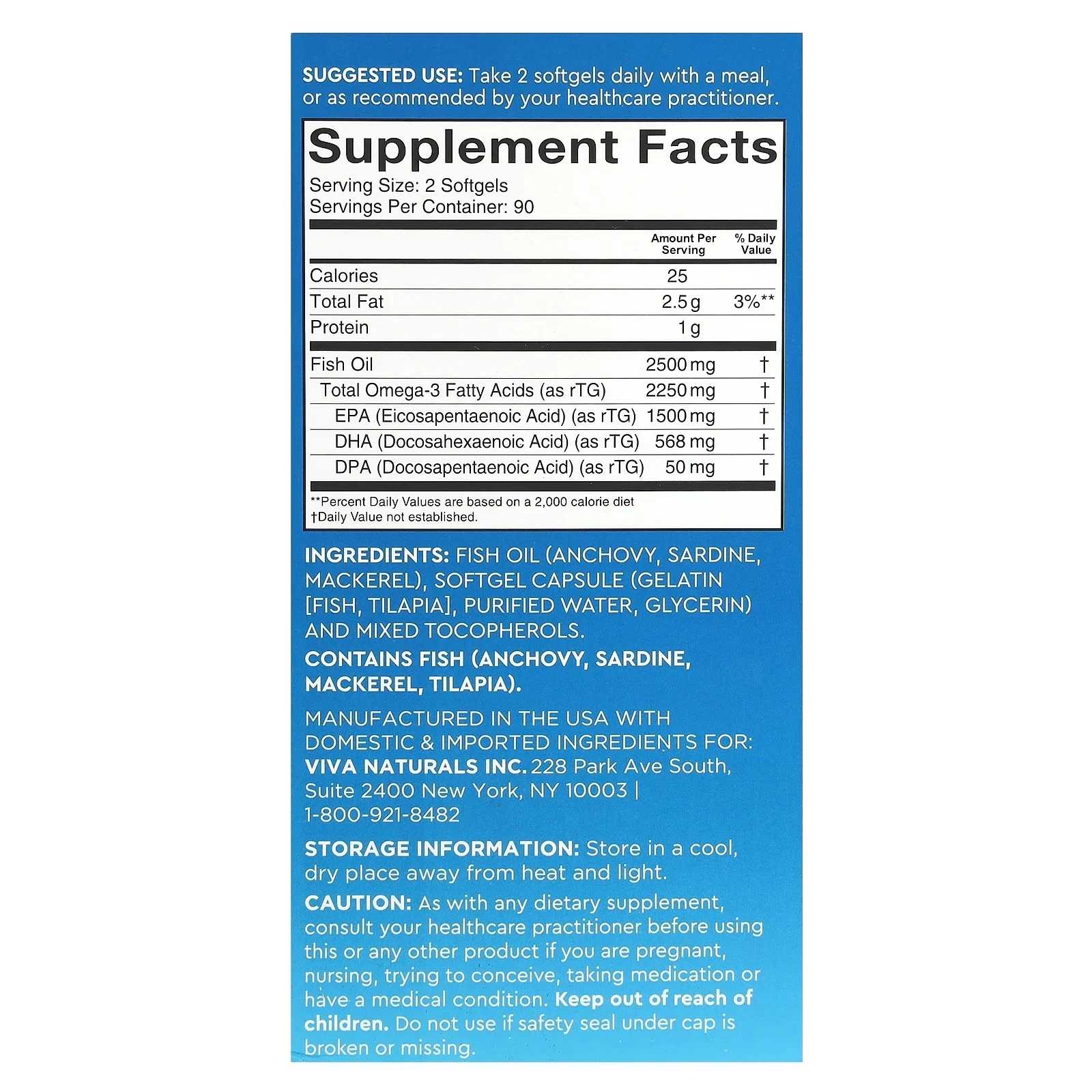 Viva Naturals, омега-3, рыбий жир тройной силы, 2500 мг, 180 капсул (1250 мг в 1 капсуле)