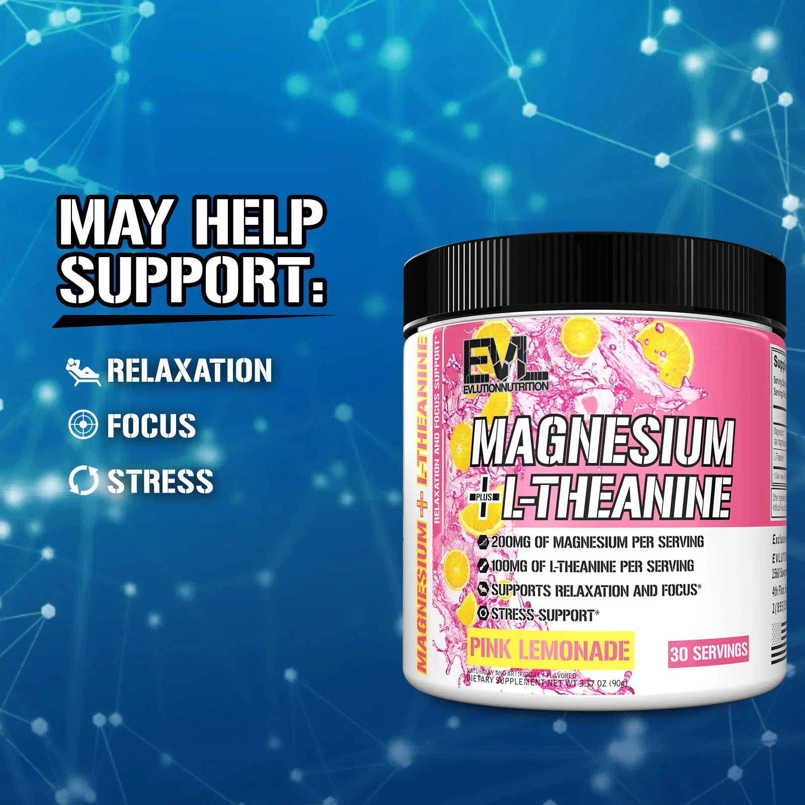 EVLution Nutrition, магний и L-теанин, со вкусом розового лимонада, 90 г (3,17 унции)