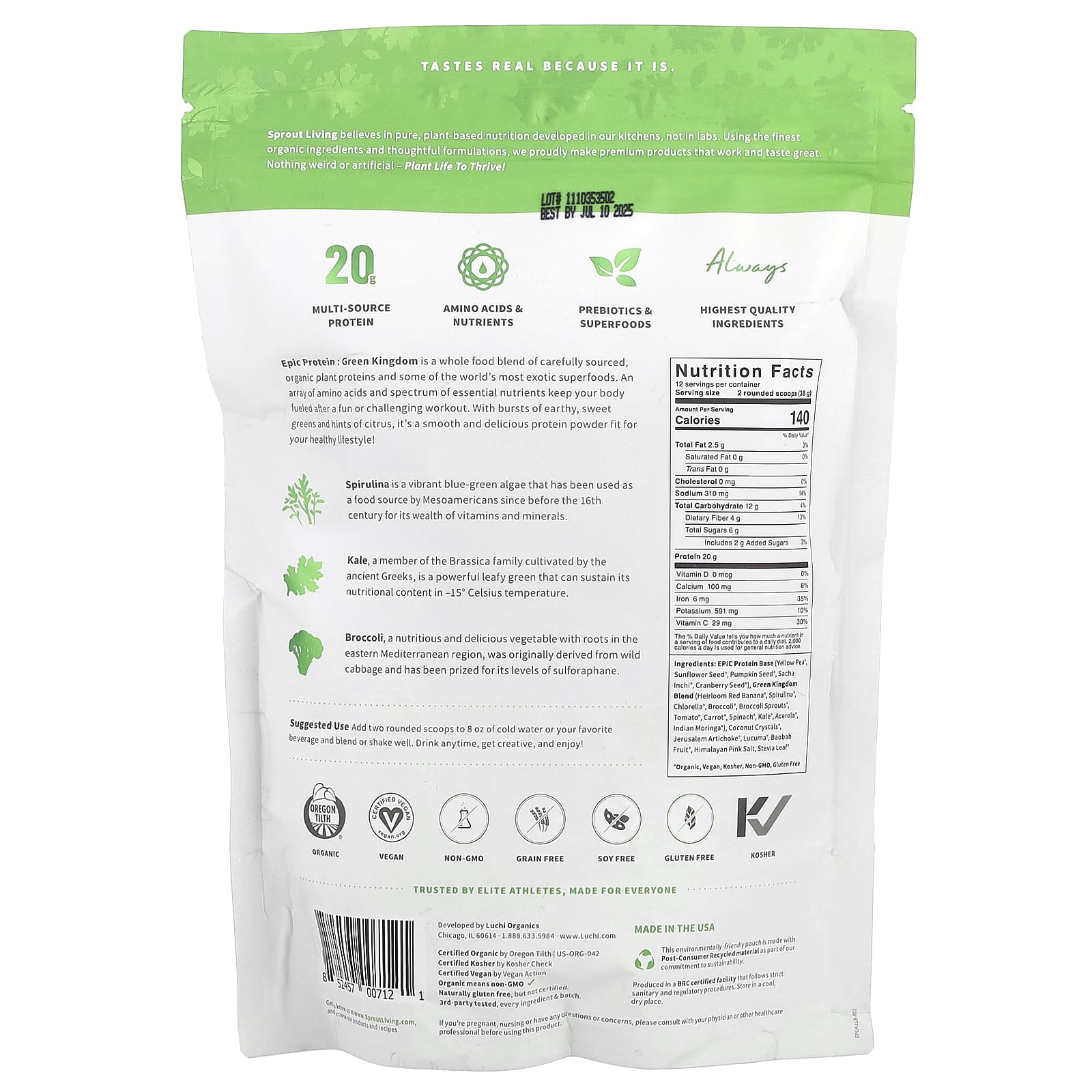 Sprout Living, Epic Protein, органический растительный протеин и суперпродукты, Green Kingdom, 455 г (1 фунт)