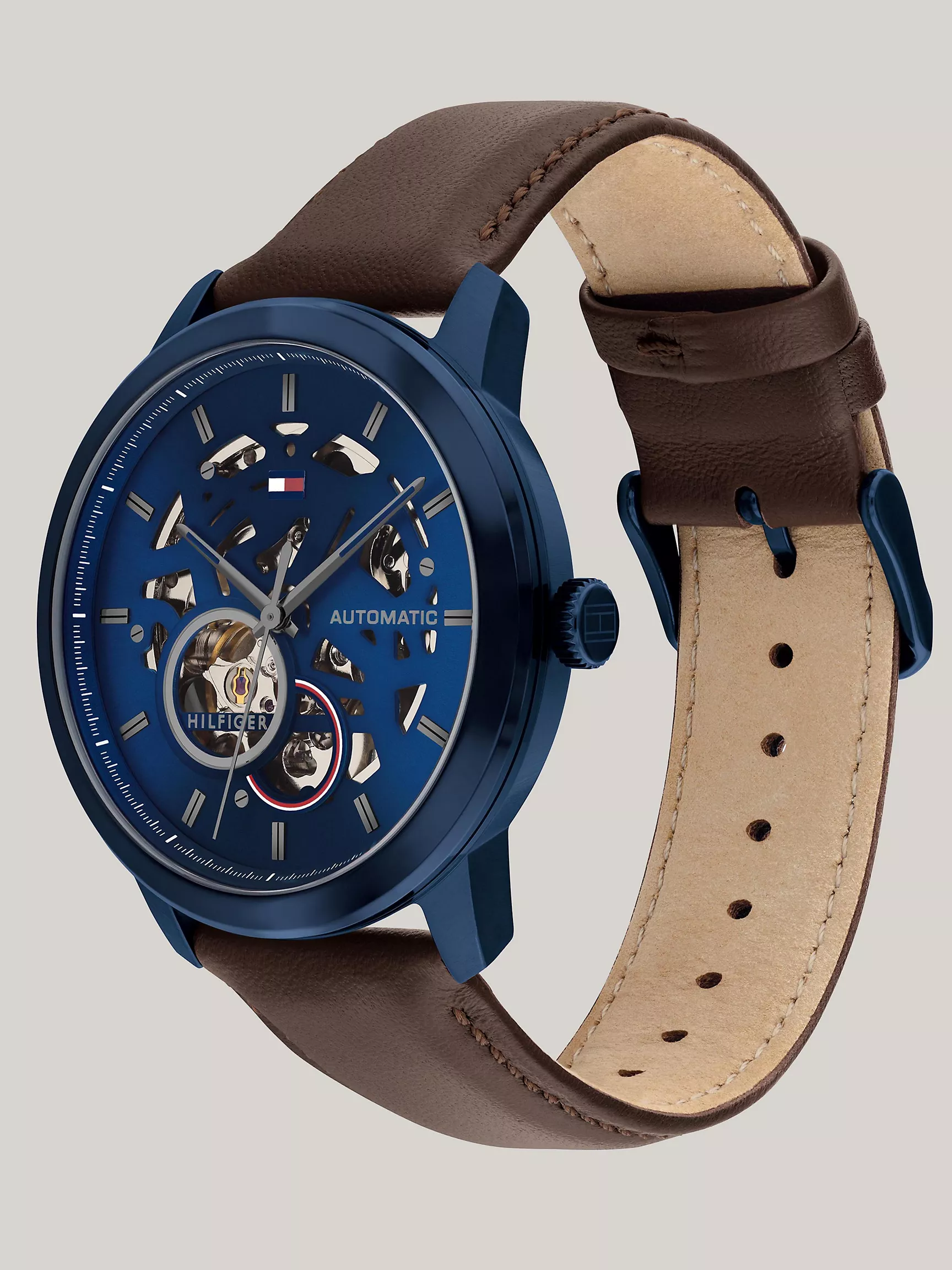 Мужские часы Tommy Hilfiger, Автоматические часы 43 мм с синим прозрачным циферблатом