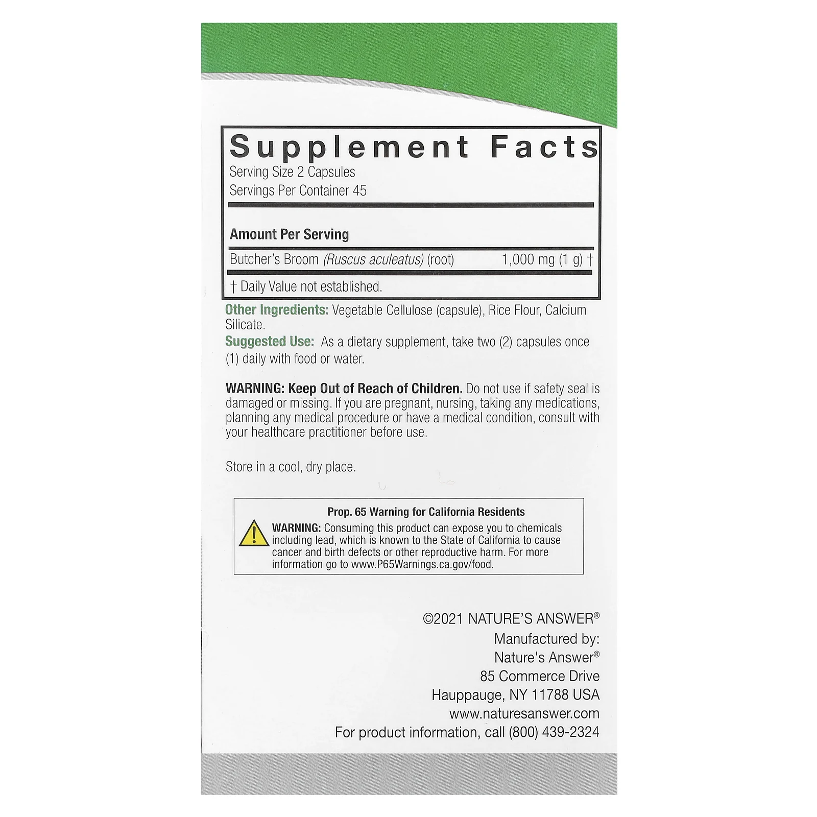 Nature's Answer, иглица колючая, 1000 мг, 90 вегетарианских капсул (500 мг в 1 капсуле)