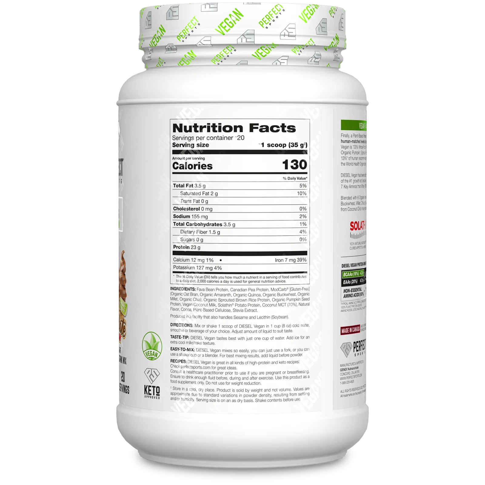 Perfect Sports, Vegan Diesel, смесь 100% растительных белков, шоколадное мороженое, 700 г (1,5 фунта)