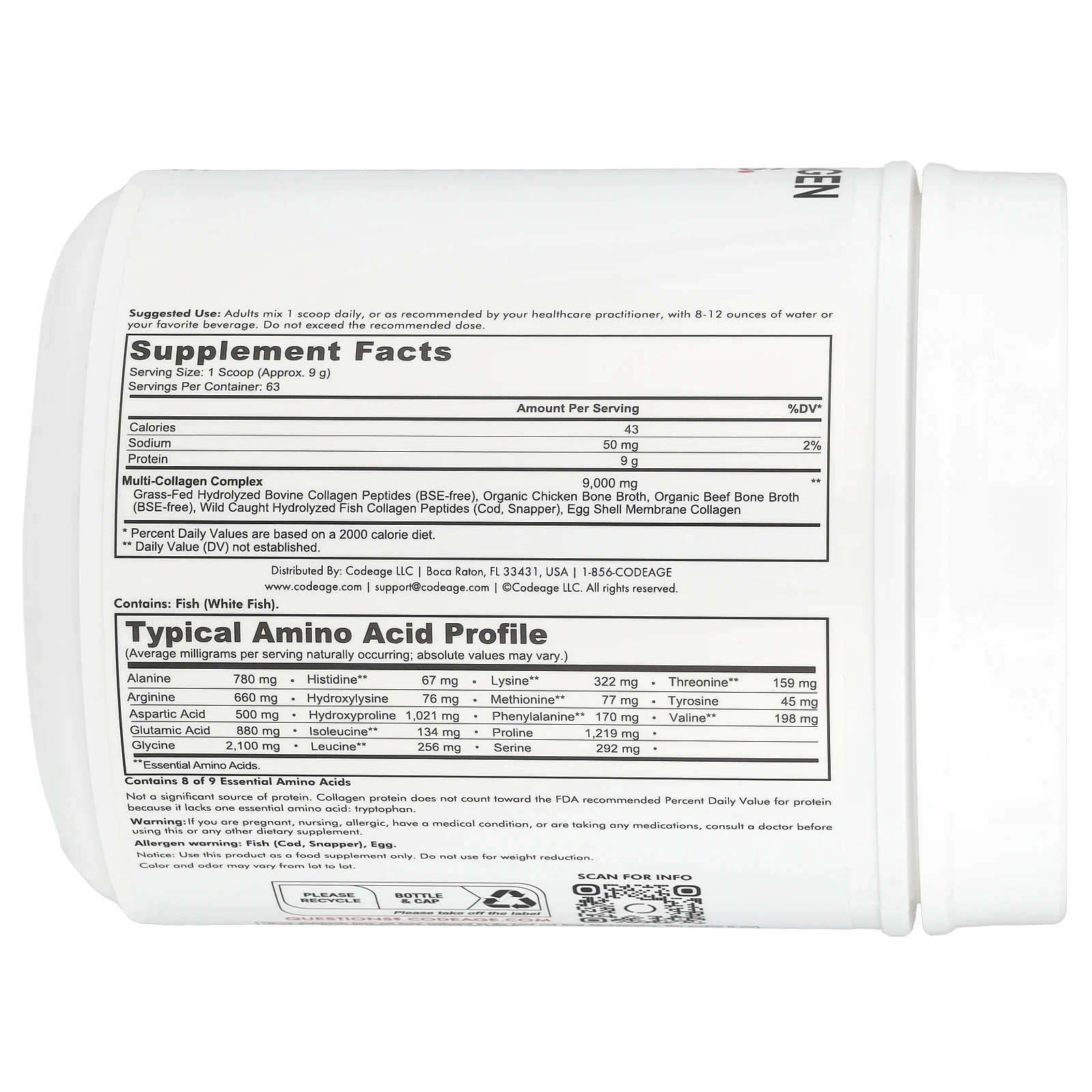 Codeage, Hydrolyzed, мультиколлагеновые пептиды, 5 типов I, II, III, V, X, порошок, нейтральный вкус, 567 г (1,25 фунта)