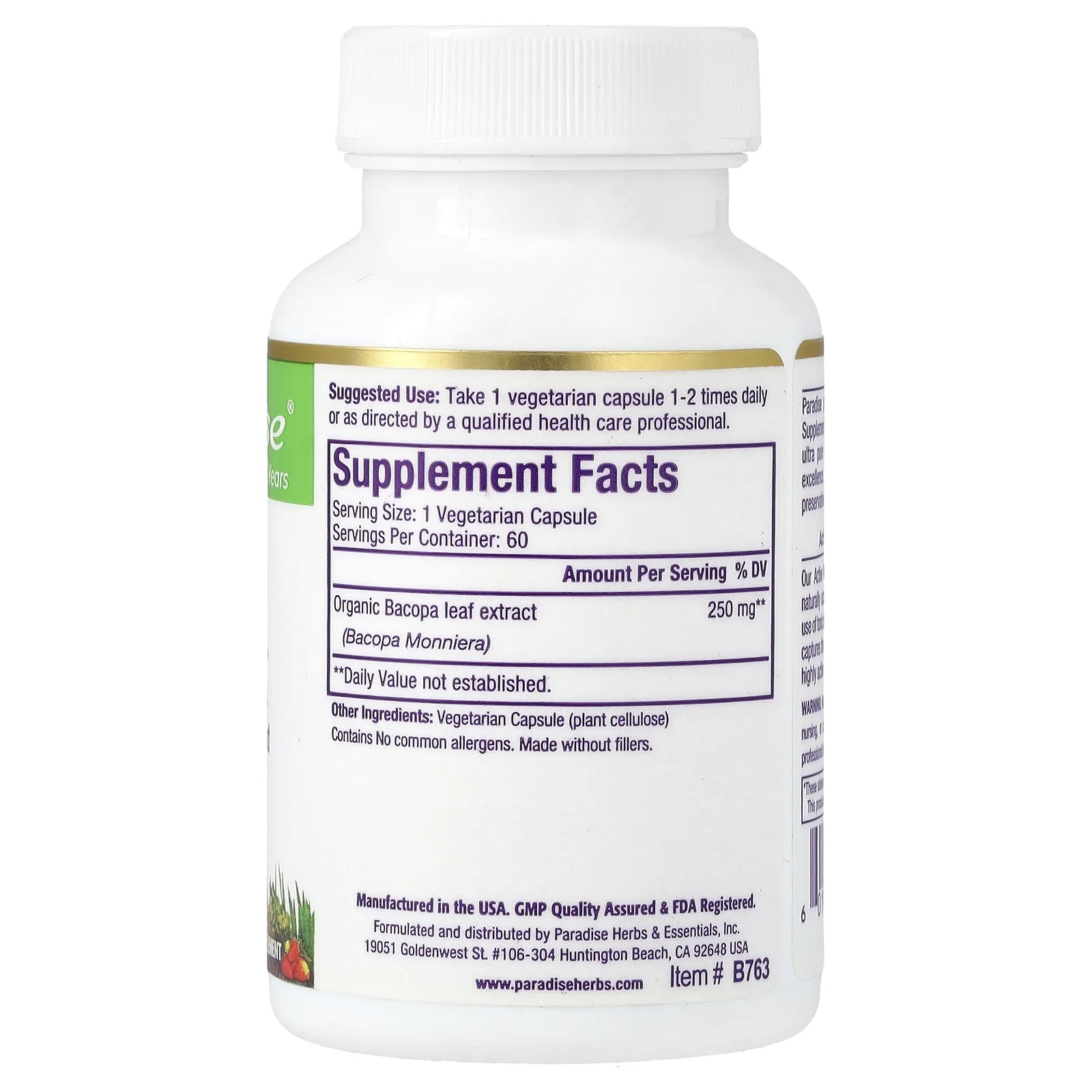 Paradise Herbs, Бакопа, 60 вегетарианских капсул