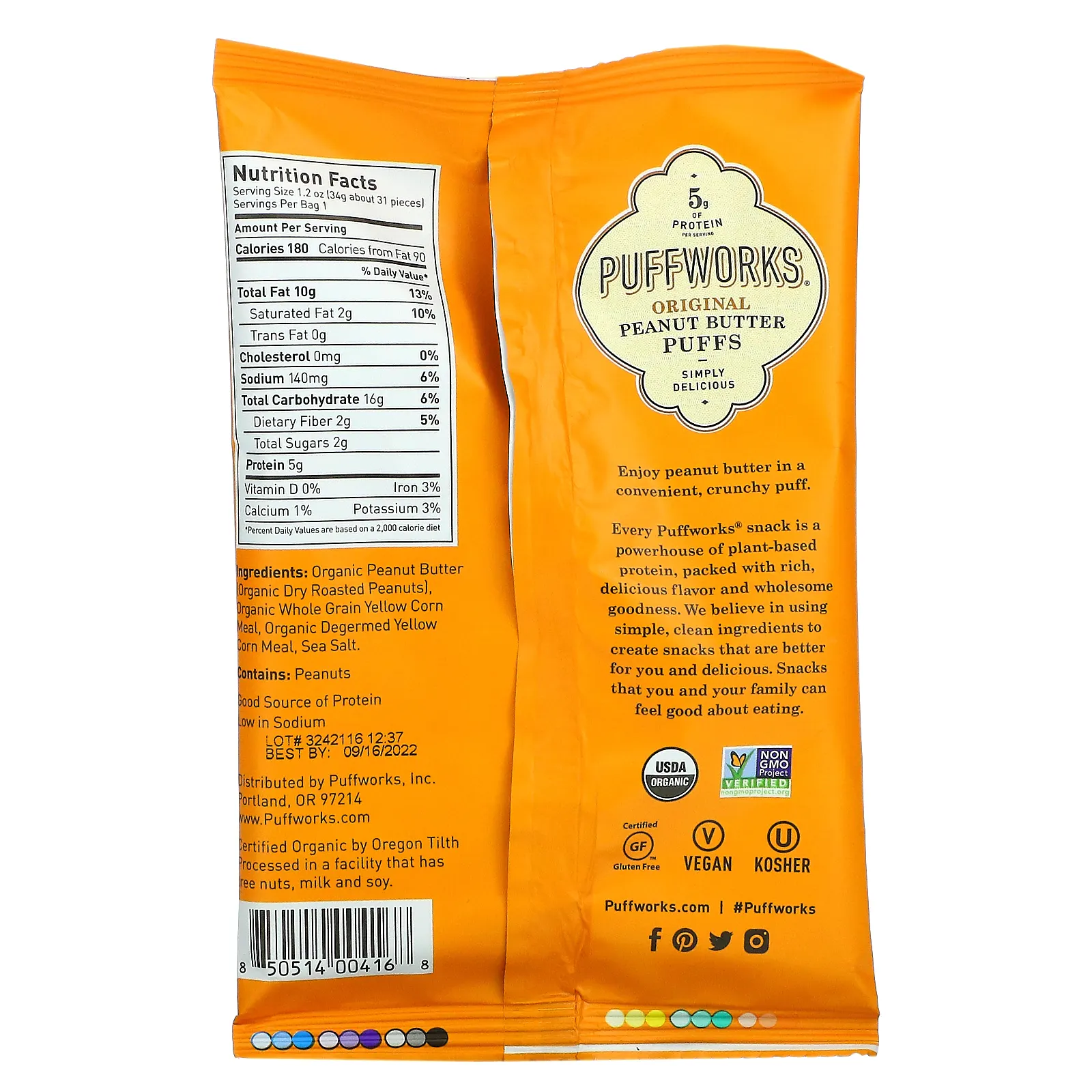 Puffworks, Шарики с арахисовой пастой, оригинальные, 6 пакетиков по 34 г (1,2 унции)